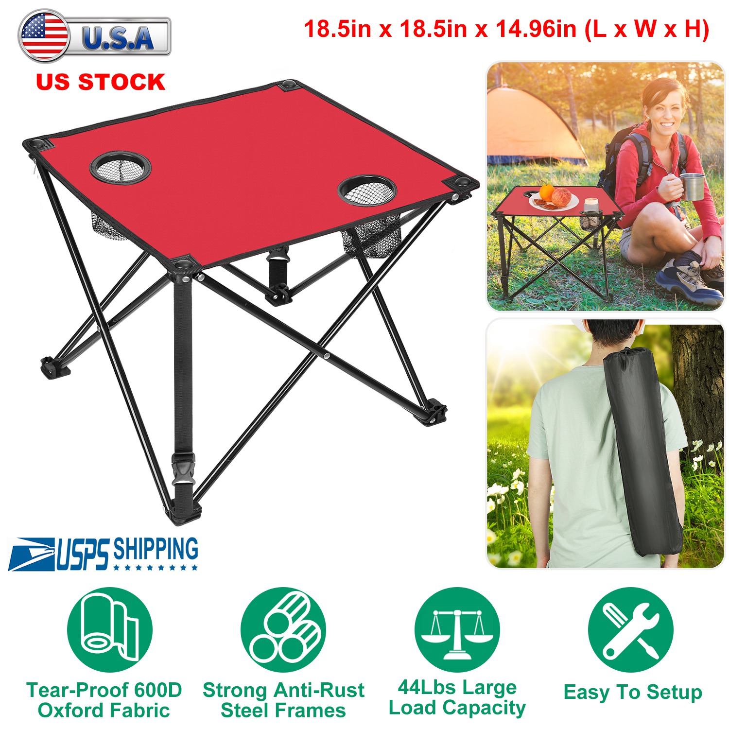 1Pc Foldable Camping Table Portable Picnic Table Lightweight Travel Desk with 2 Cup Holders Carrying Bag thumbnail 2
