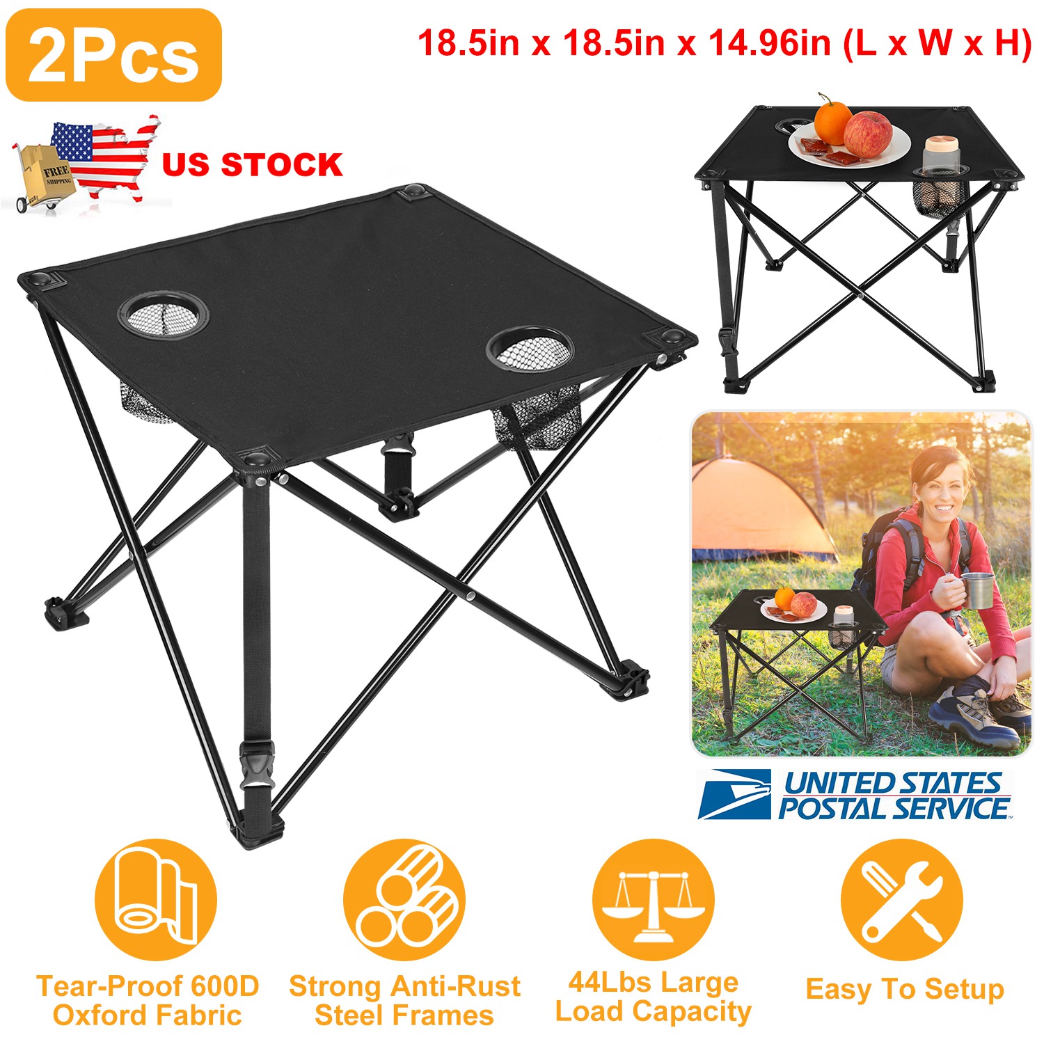 2Pcs Foldable Camping Table Portable Picnic Table Lightweight Travel Desk with 2 Cup Holders/Table Carrying Bag thumbnail 2