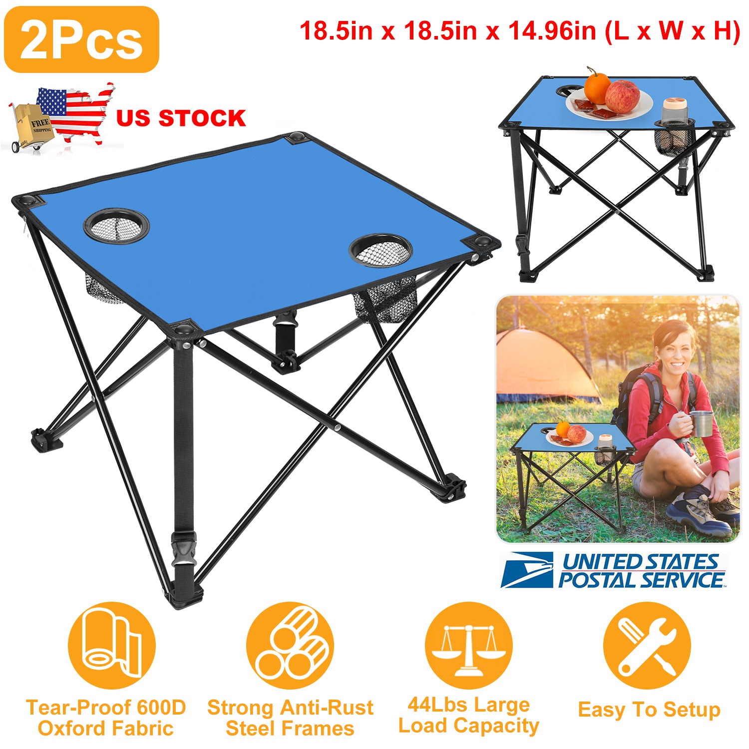 2Pcs Foldable Camping Table Portable Picnic Table Lightweight Travel Desk with 2 Cup Holders/Table Carrying Bag thumbnail 2