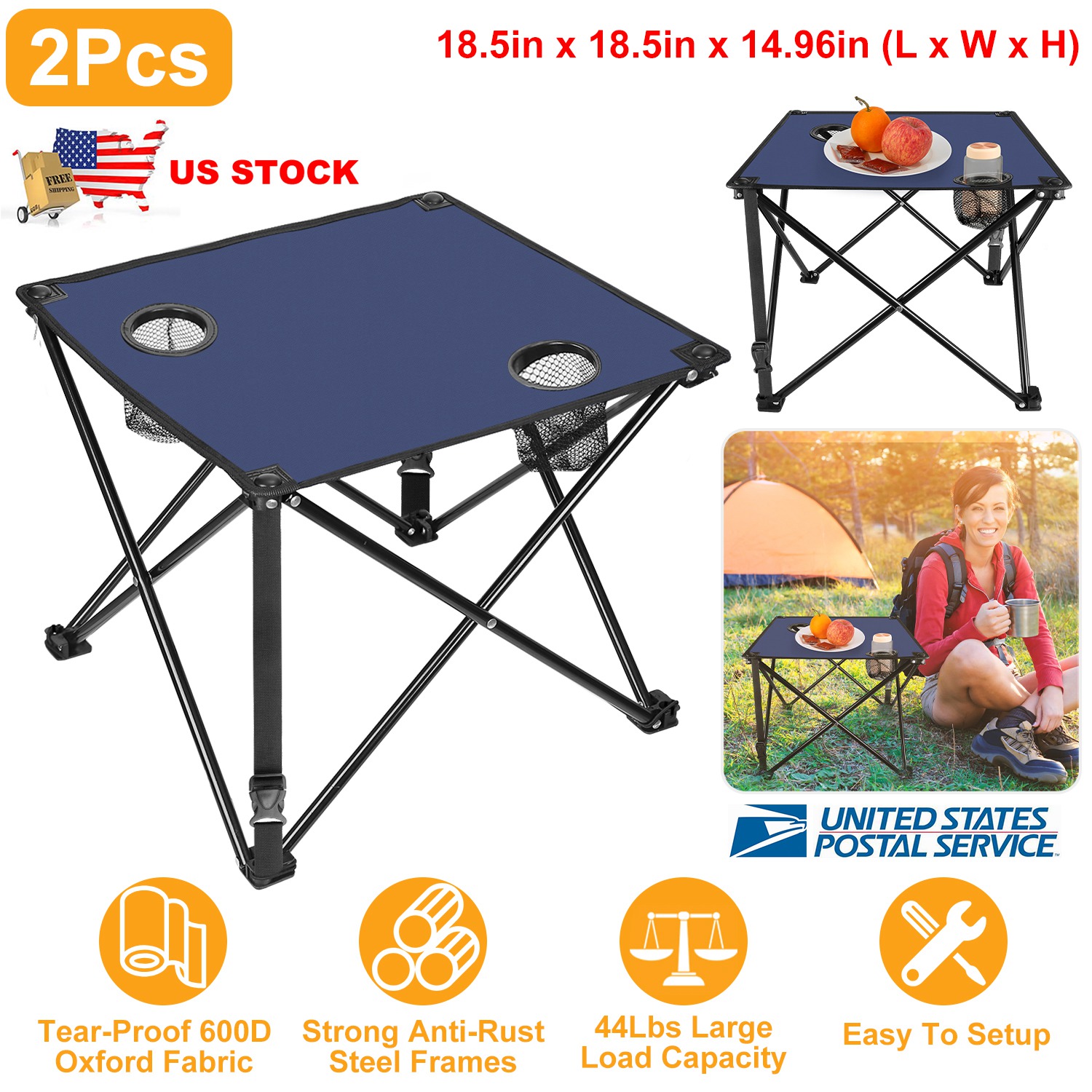 2Pcs Foldable Camping Table Portable Picnic Table Lightweight Travel Desk with 2 Cup Holders/Table Carrying Bag thumbnail 2