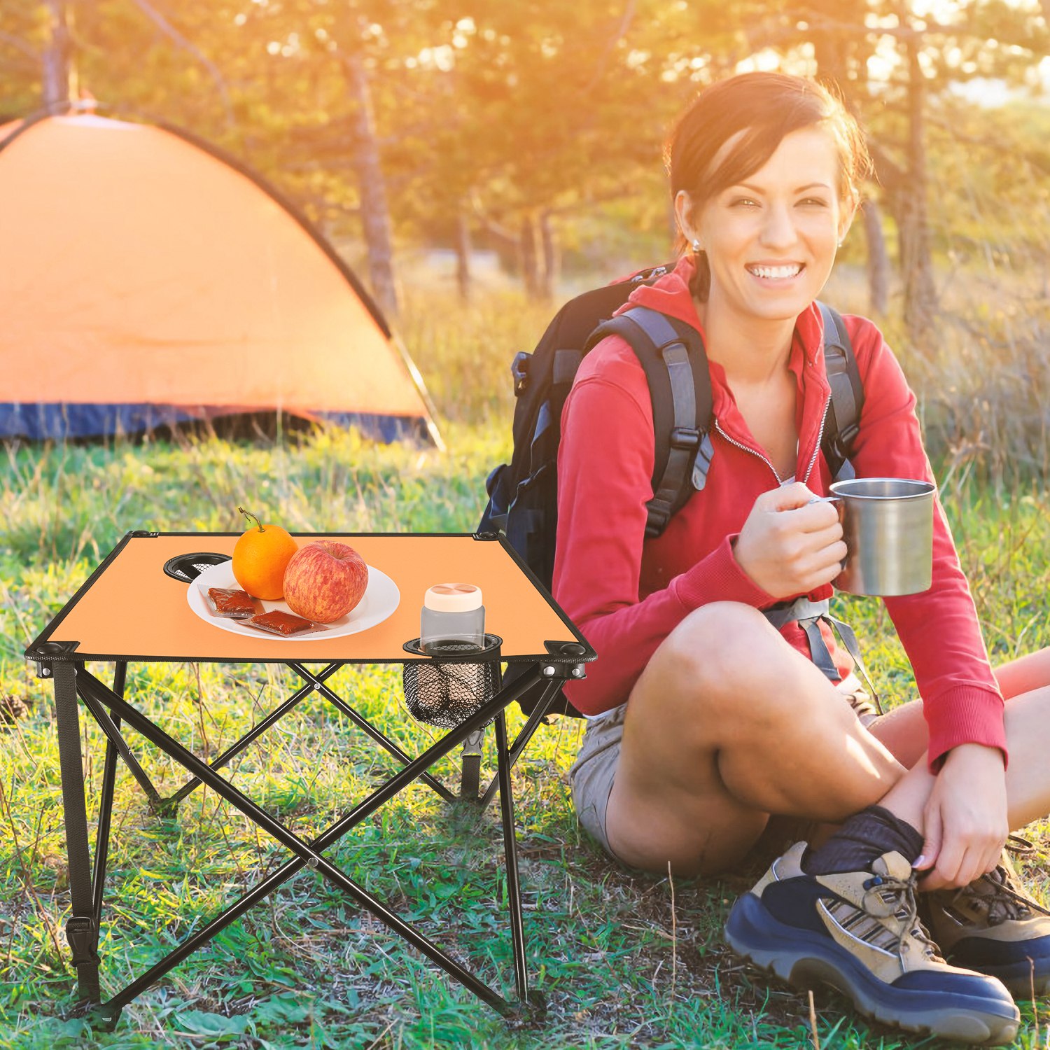2Pcs Foldable Camping Table Portable Picnic Table Lightweight Travel Desk with 2 Cup Holders/Table Carrying Bag thumbnail 2