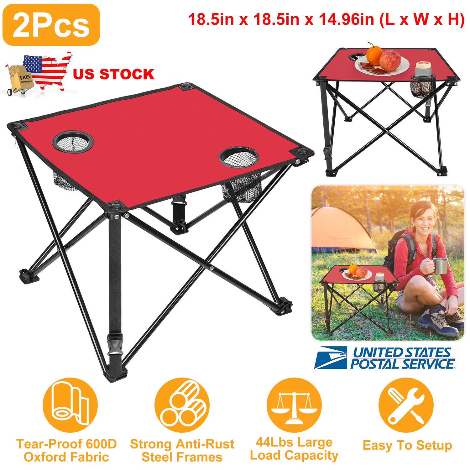 2Pcs Foldable Camping Table Portable Picnic Table Lightweight Travel Desk with 2 Cup Holders/Table Carrying Bag thumbnail 2