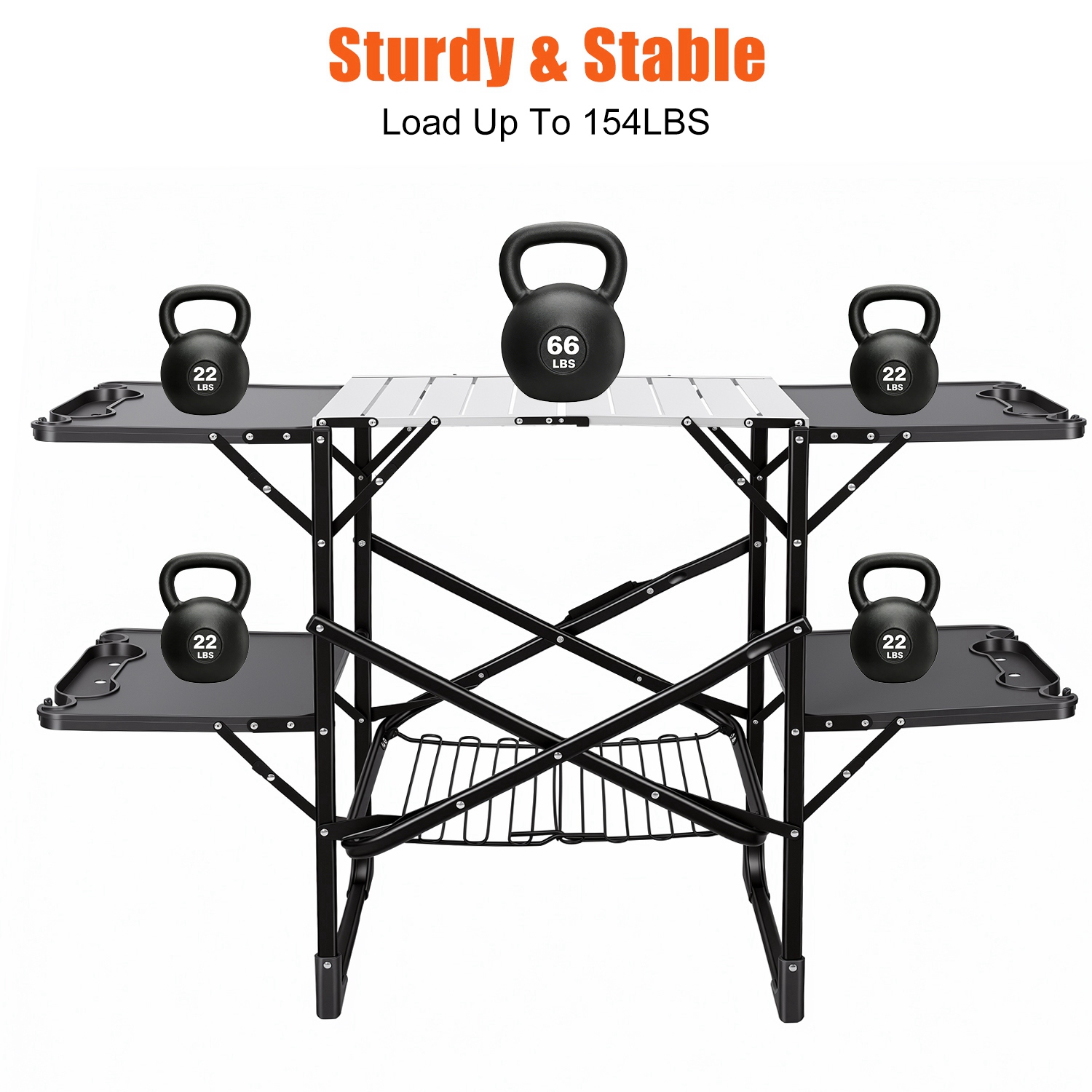 Folding Camping Kitchen Table with Lamp Post, Portable Outdoor Cooking Station with Heat Resistant Top, 4 Side Tables & Lower Storage Rack for Picnic, thumbnail 2
