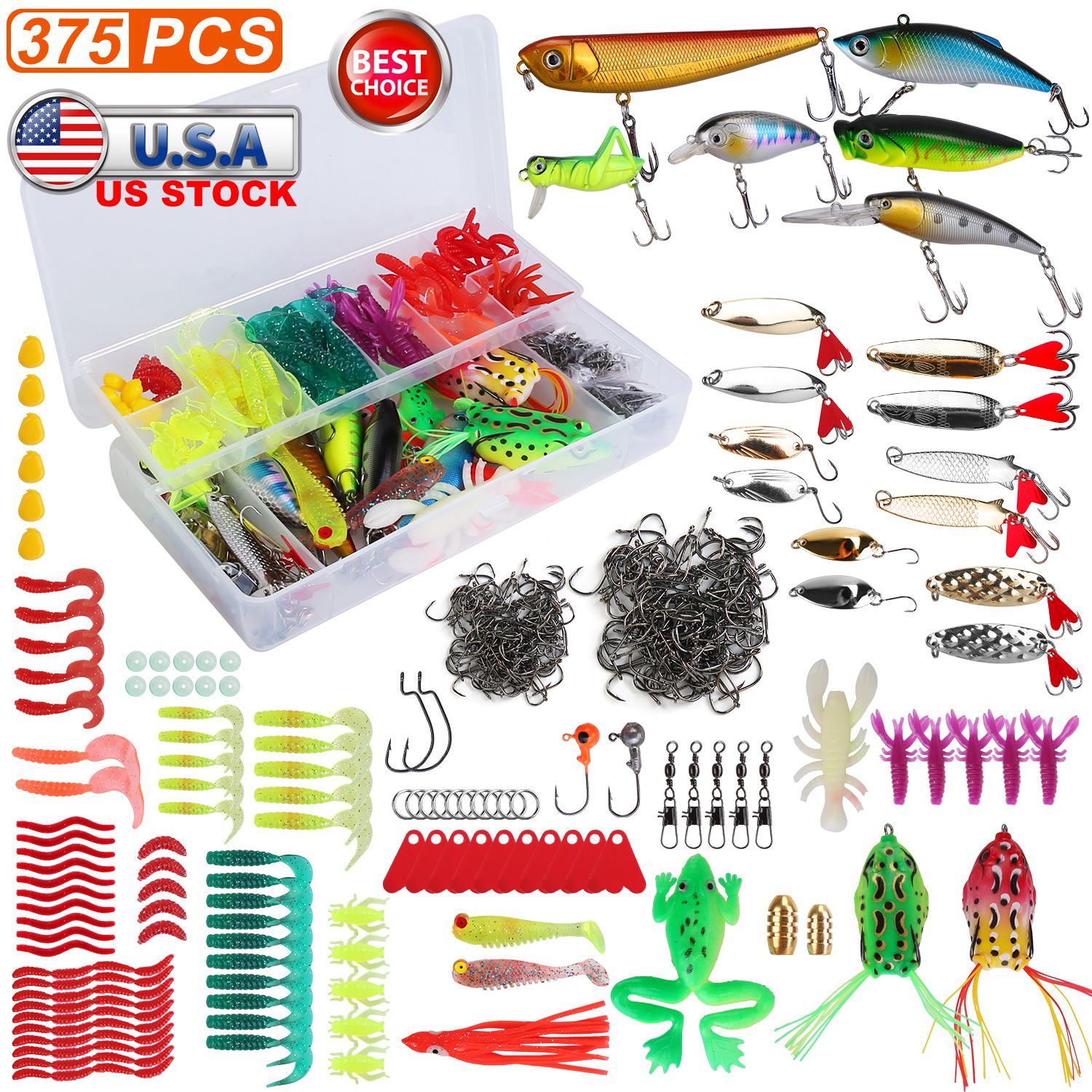 375Pcs Fishing Baits and Tackle Box Saltwater Freshwater Fishing Lures Kit Lifelike Popper Crankbaits Crickets Frogs Spoon Lures Maggots thumbnail 2