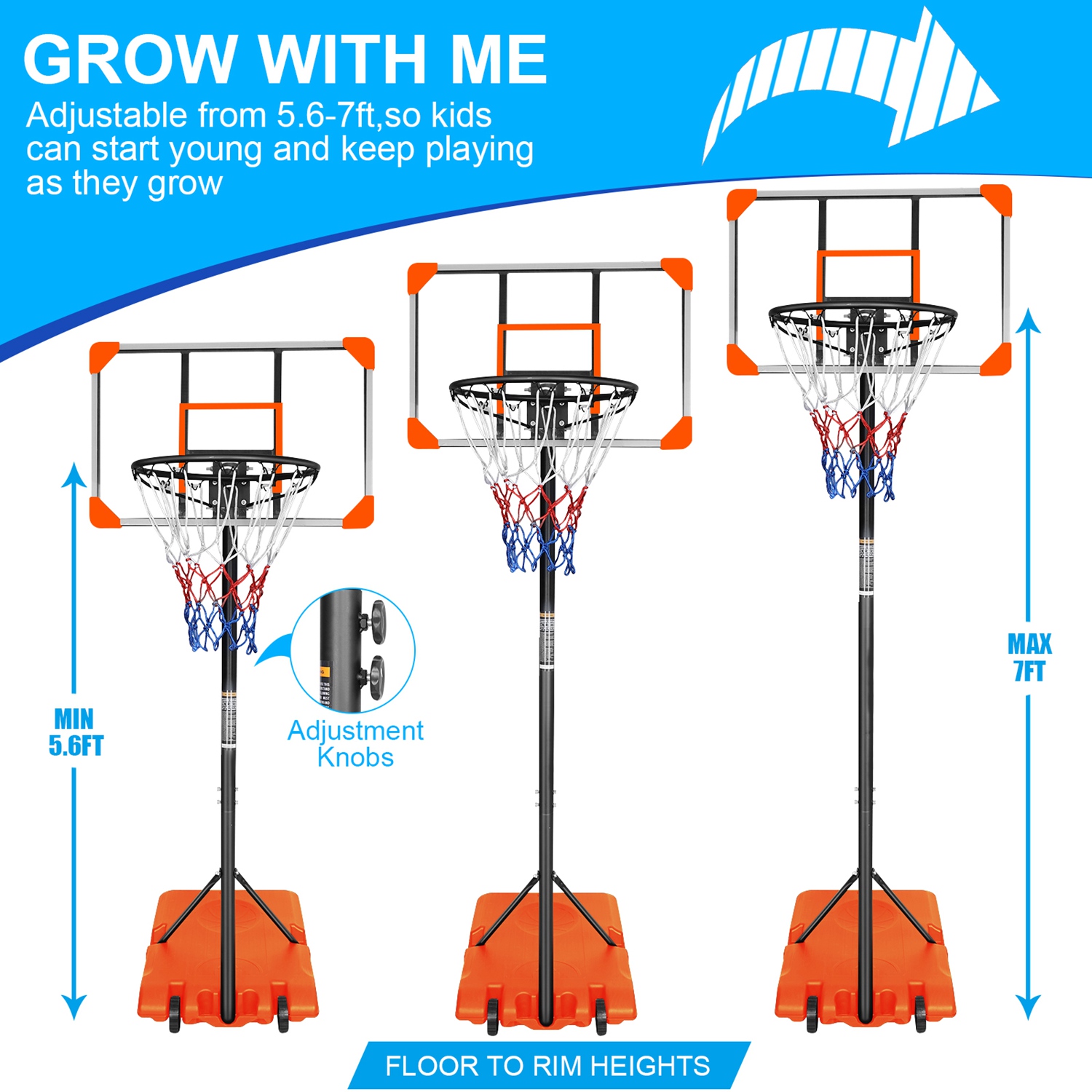 Portable Kids Basketball Hoop with Wheels, Height Adjustable 5.6 to 7ft Basketball Goal System Indoor Outdoor for Kids Teens Adults thumbnail 2