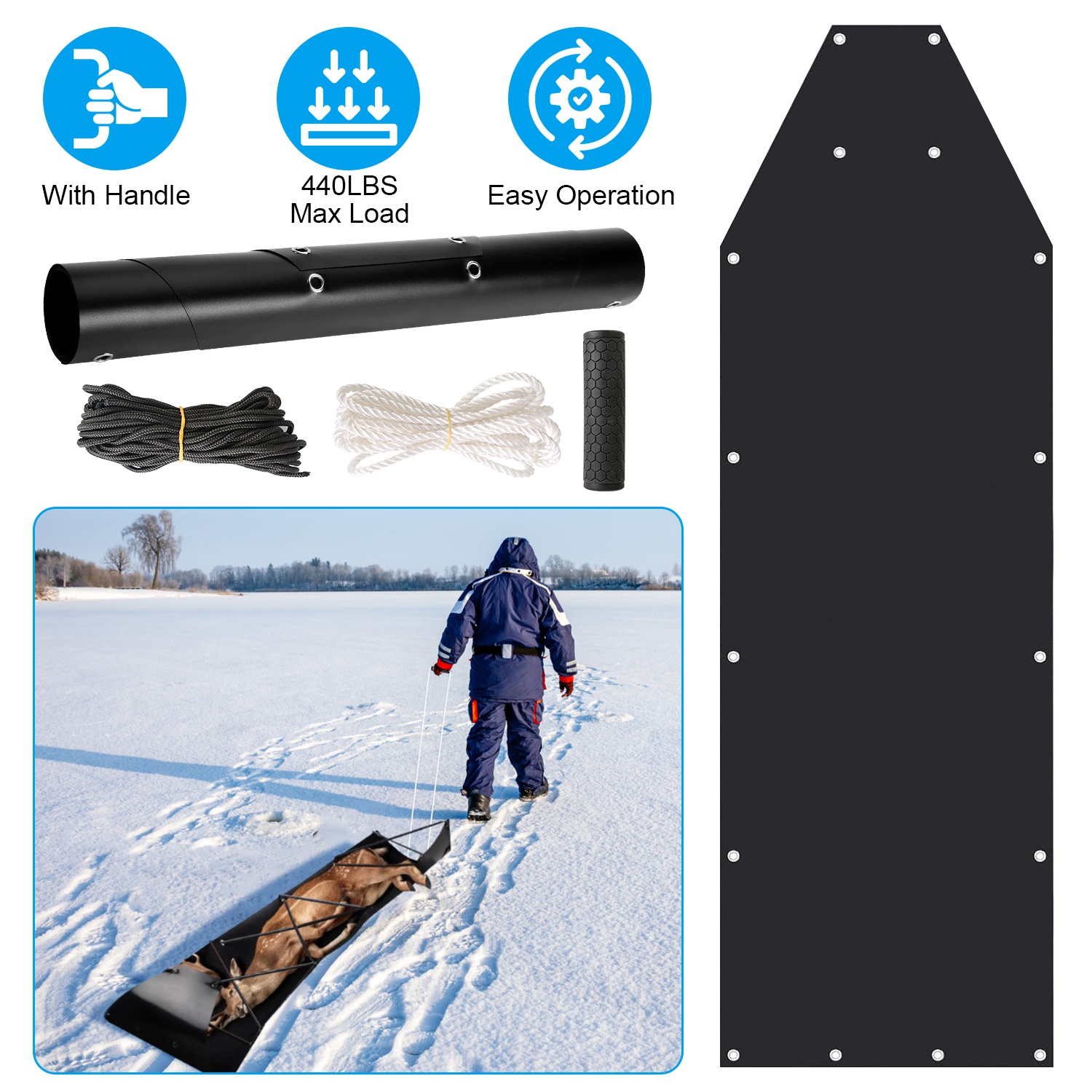 Deer Drag Sled with Handle Deer Cart Game Hauler Snow Sledding Pad Hunting Gear Supplies with 32.8FT Black Rope 16.1FT White Rope for Hunting Ice Fish thumbnail 2