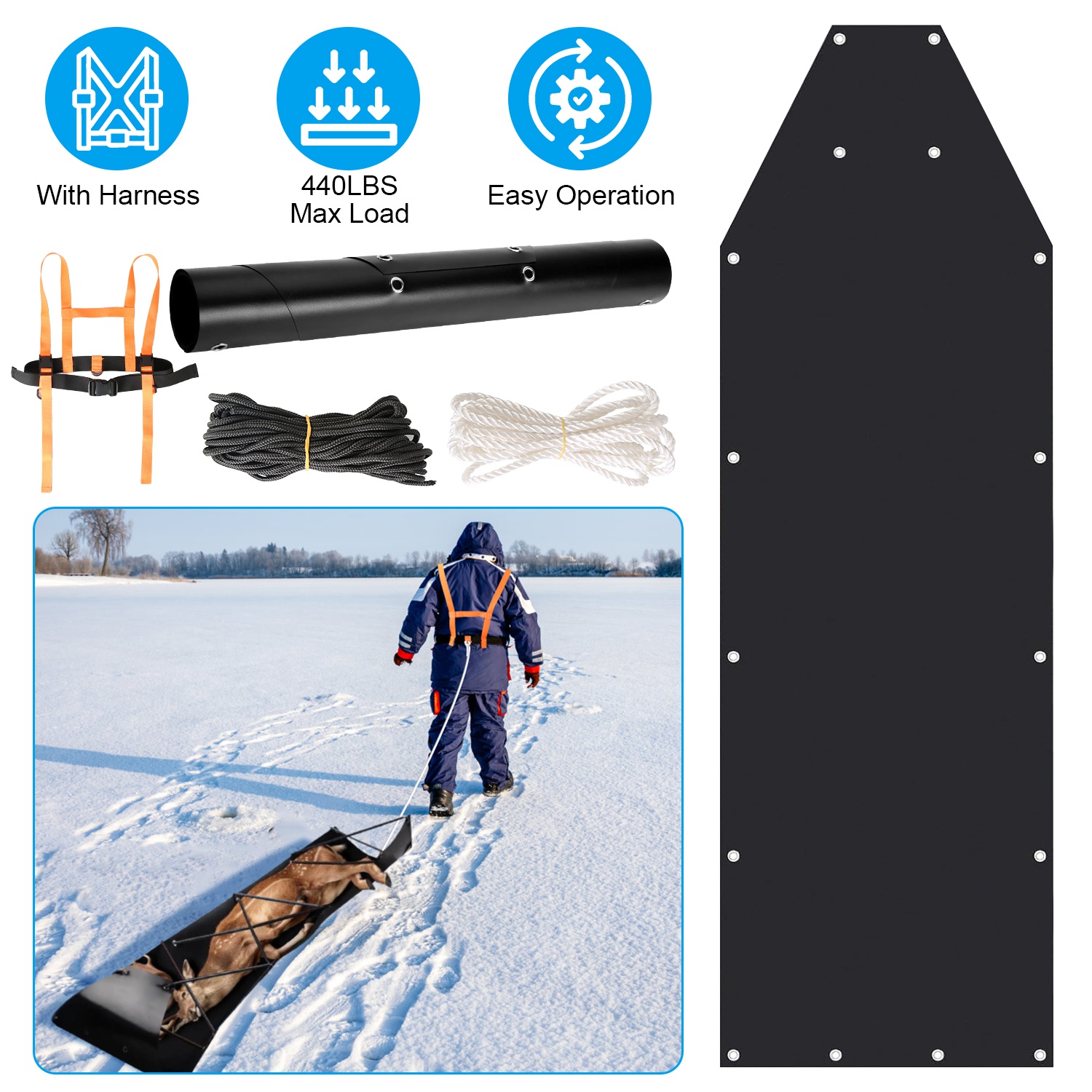Deer Drag Sled with Dragging Harness Deer Cart Game Hauler Snow Sledding Pad Hunting Gear Supplies with 32.8FT Black Rope 16.1FT White Rope for Huntin thumbnail 2