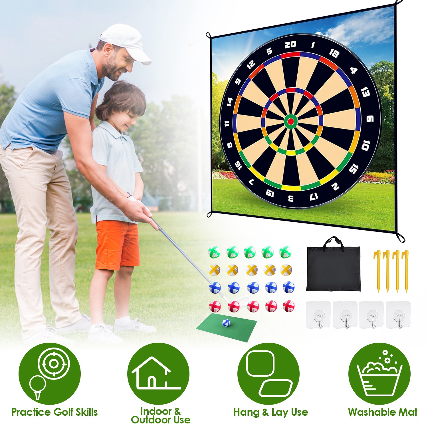 Golf Chipping Dart Game Mat Set With 20 Sticky Balls Ground Stakes Hanging Hooks Carrying Bag Indoor Outdoor Golf Hitting Training Game Mat For Kids B thumbnail 2