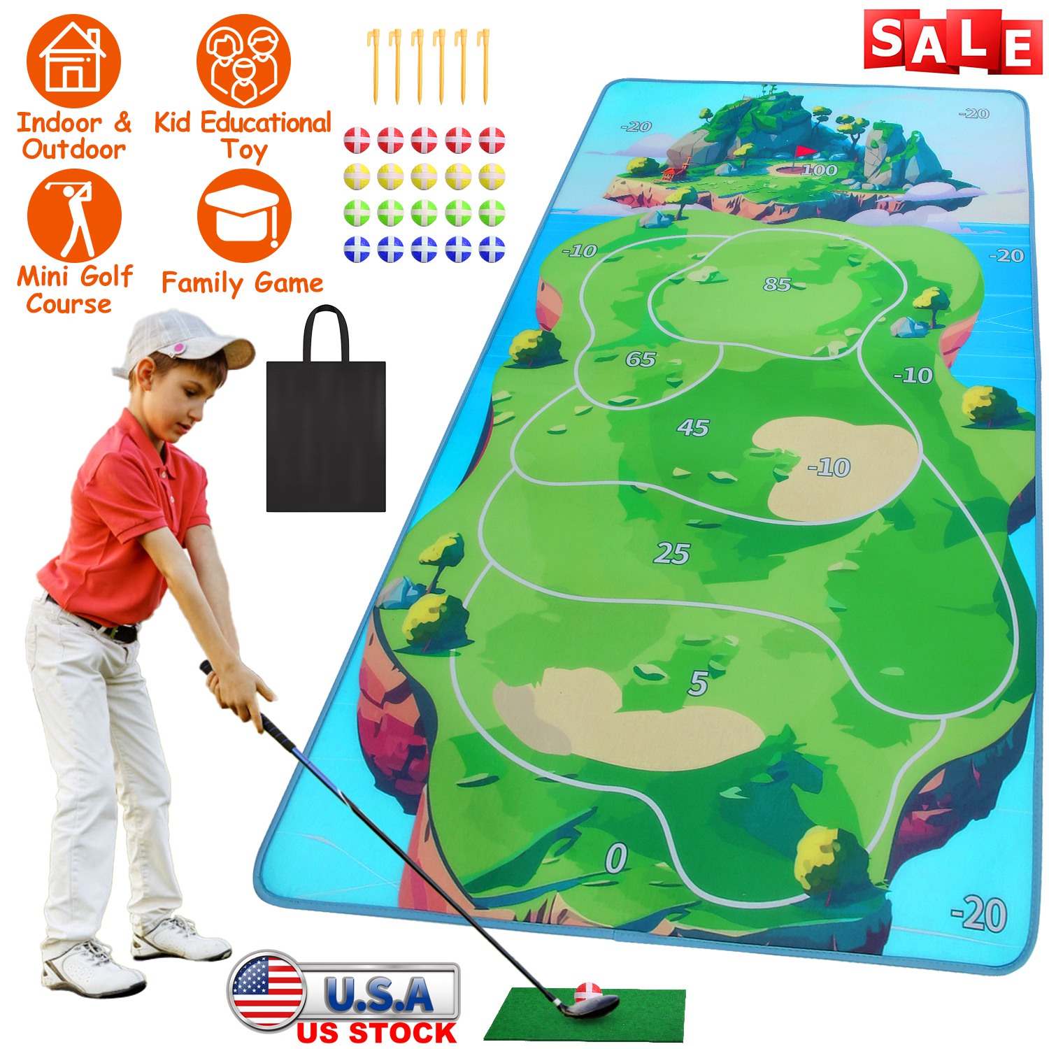 Casual Golf Game Set Indoor Outdoor Golf Pratice Mat Chipping Green Golf Yard Games for Kids Adults with 20 Sticky Golf Balls Storage Bag thumbnail 2