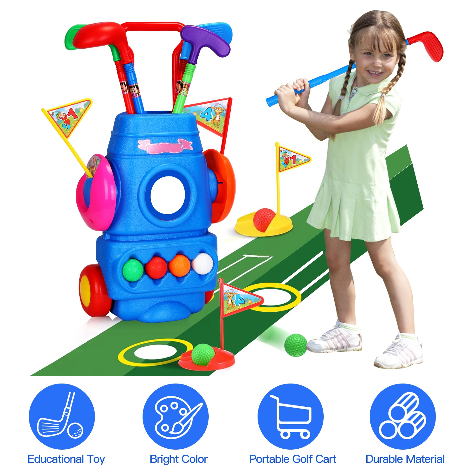 Toddler Golf Set with 4 Balls 4 Clubs 2 Holes 2 Flags Golf Cart Indoor Outdoor Golf Game Gift For 3-5 Years Old Kids thumbnail 2