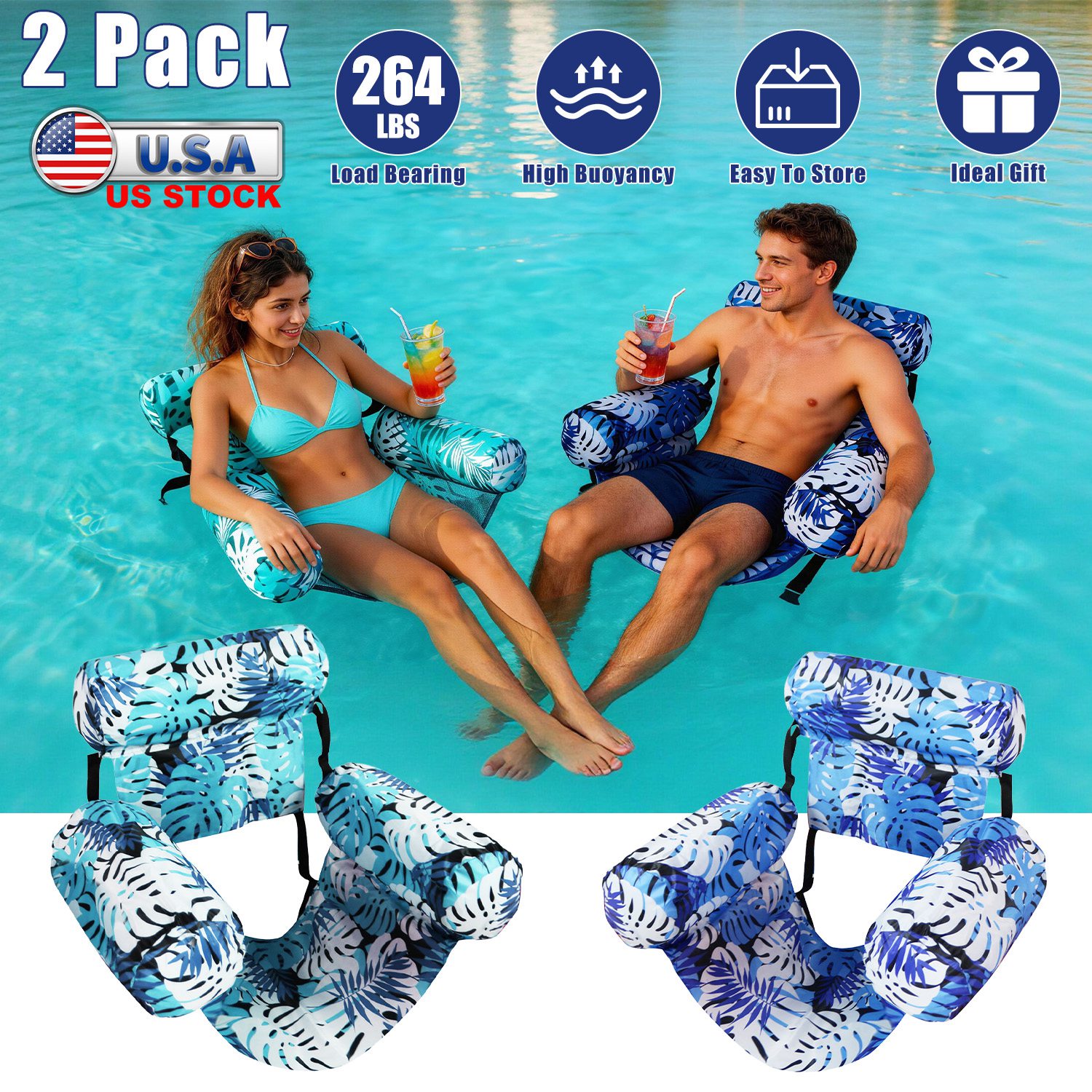 2 Pack Inflatable Pool Floats for Adult Inflatable Hammocks Floating Lounge Chairs for Party Summer Water Beach Lake Fun thumbnail 3