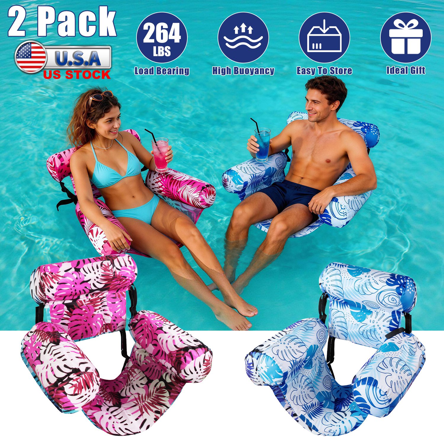 2 Pack Inflatable Pool Floats for Adult Inflatable Hammocks Floating Lounge Chairs for Party Summer Water Beach Lake Fun thumbnail 3
