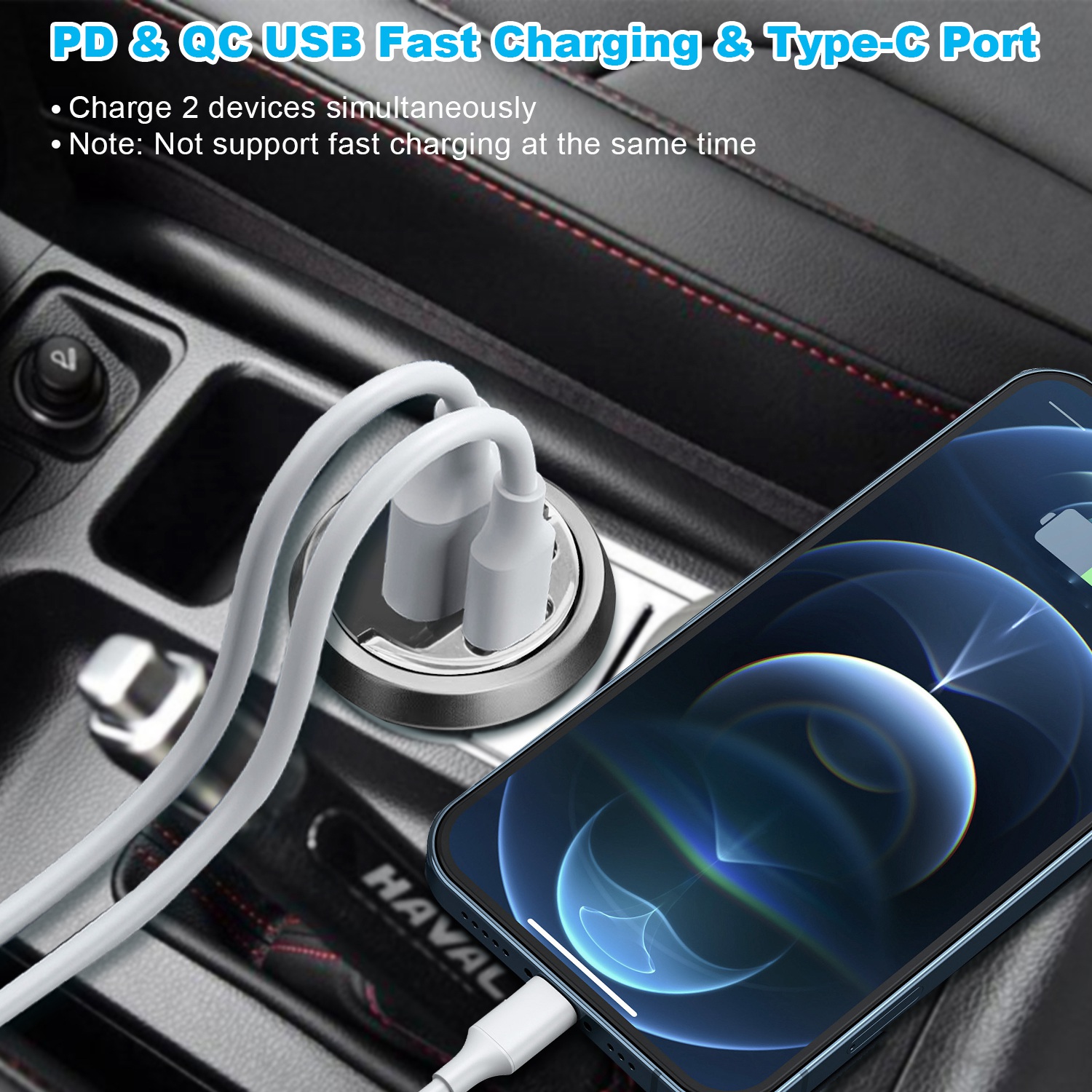 2Pcs 100W USB Type-C Car Charger QC4.0 PD3.0 USB Fast Charging Adapter Dual Port Car Cigarette Lighter Compatible with iPhone14/13/12 IPad Samsung thumbnail 3