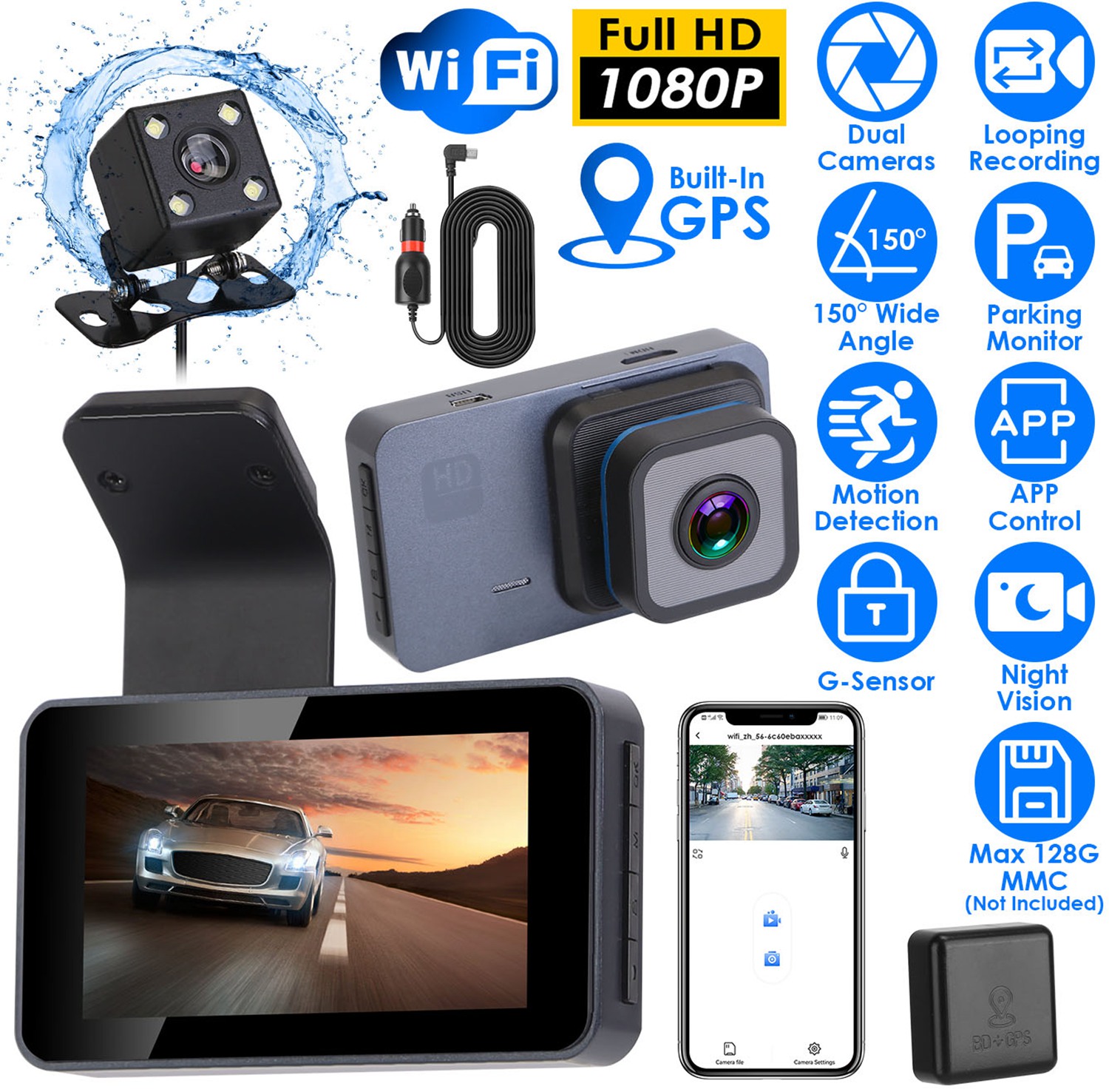 1080P Dual Lens Dash Cam Vehicle Driving Recorder Car DVR with WiFi GPS G-Sensor APP Control Motion Detection Parking Monitor Night Vision thumbnail 3
