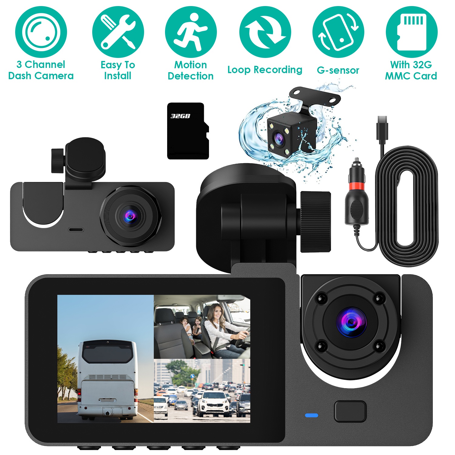 3 Channel Dash Cam Front Inside Rear Vehicle Driving Recorder Car DVR with 32G MMC Card G Sensor Motion Detection Parking Monitor Loop Recording thumbnail 3