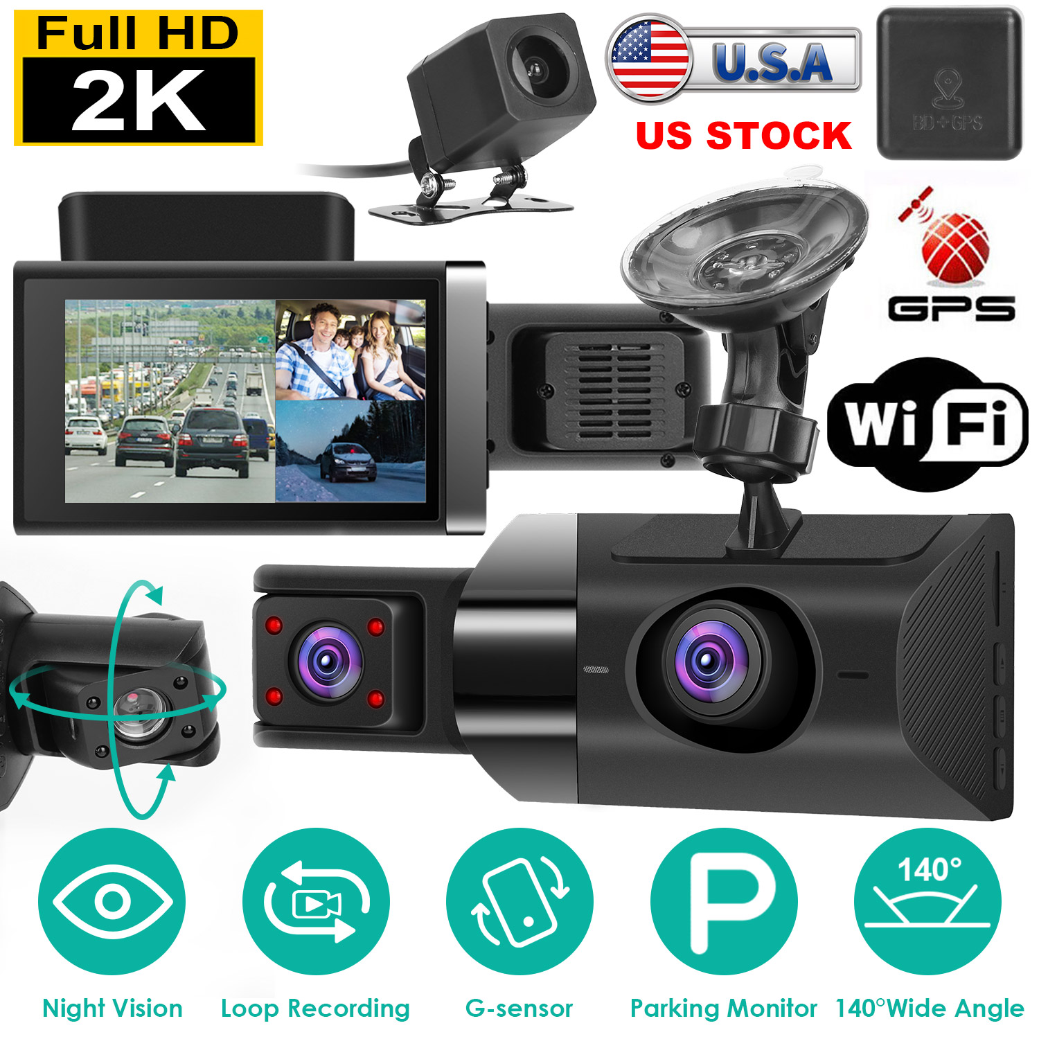 2K Car DVR 3 Channel Dash Cam Camcorder Camera Recorder with 140° Angle GPS WiFi Night Vision G-sensor Loop Recording Parking Monitor thumbnail 3