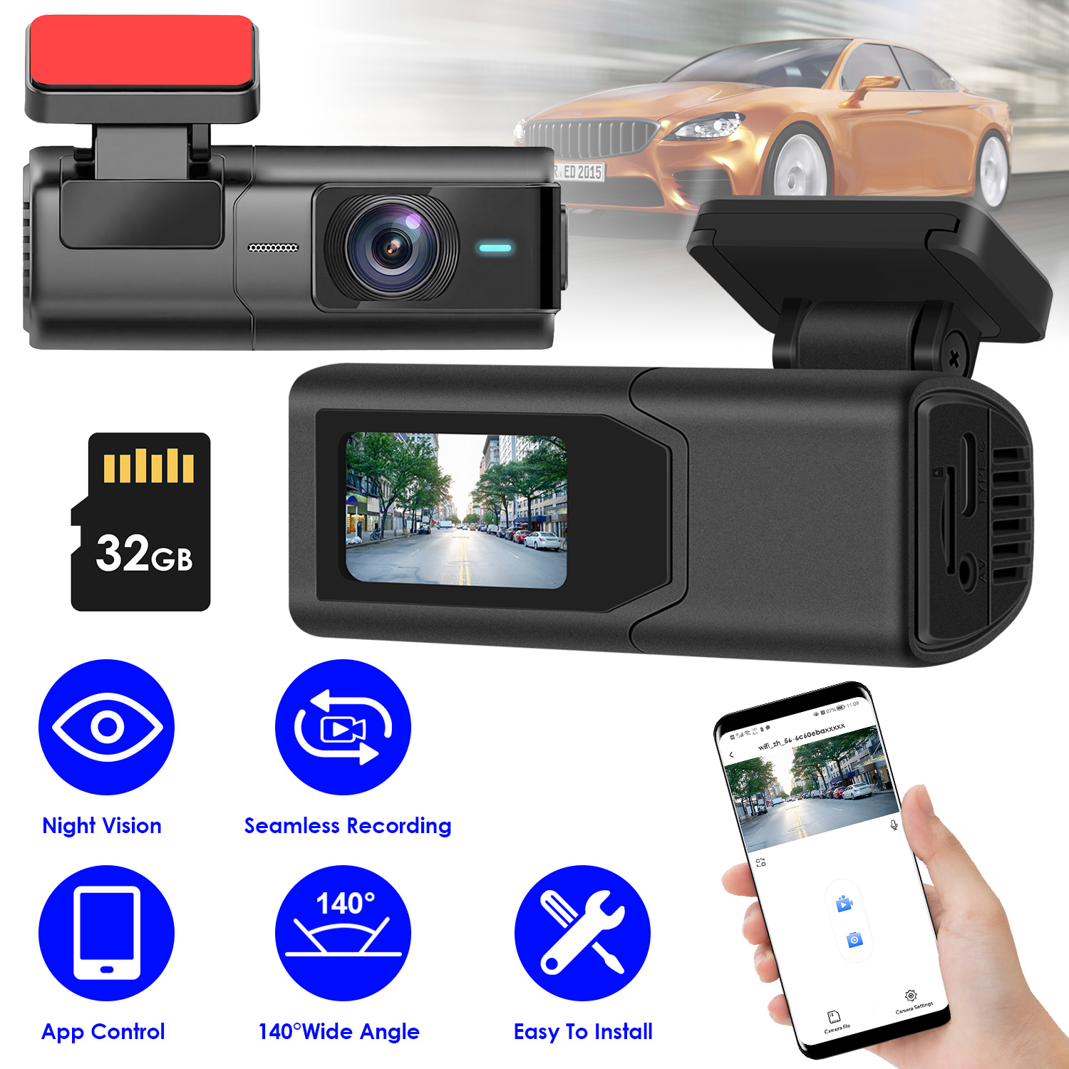 2K HD Front Dash Cam For Car With IPS Screen Night Vision Loop Recording Included 32G Storage Card 140° Wide Angle WiFi App Control Front Dashcam thumbnail 3
