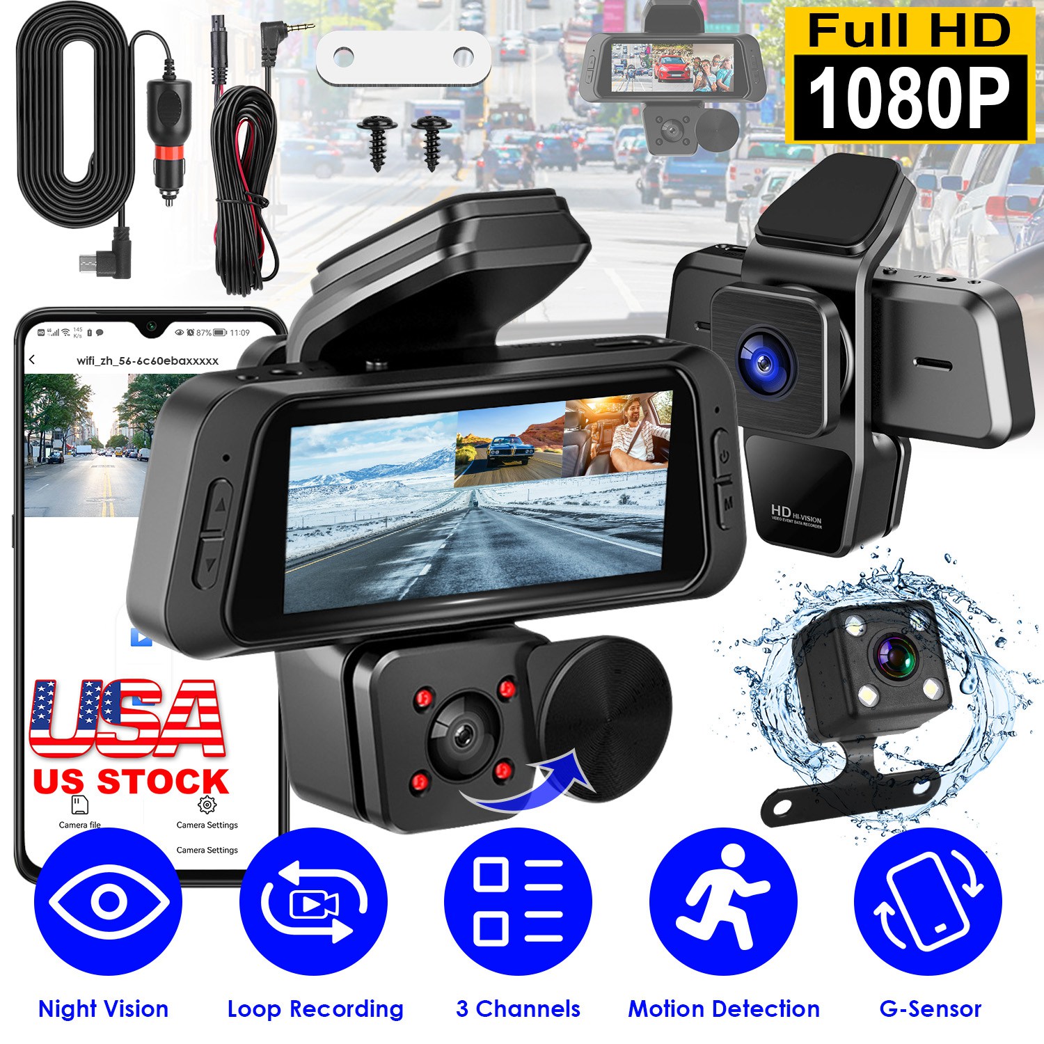 1080P FHD 3 Channel WiFi Dash Cam 170° Wide Angle Triple Car Camera With IR Night G-Sensor Motion Detection Loop Recording App Control Support 128G Ma thumbnail 3