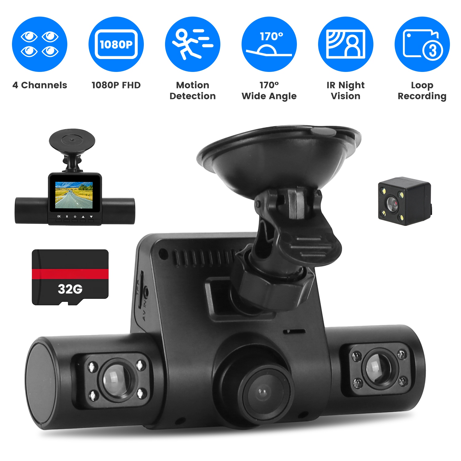 360° View FHD 4 Channel Dash Cam 1080P Front 480P Rear Left Right Inside Dash Camera With IR Night Vision Loop Recording Motion Detection Free 32GB MM thumbnail 3