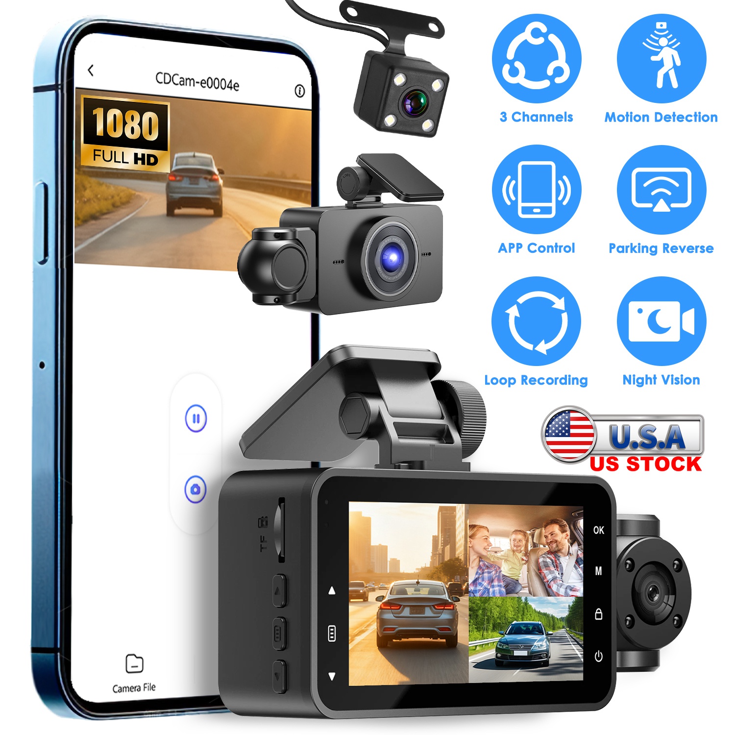 WiFi FHD 1080P 3 Channel Car Dash Cam Front Rear Inside With 32G MMC Card Motion Detection Loop Recording Infrared Night Vision Surveillance Car Camer thumbnail 3