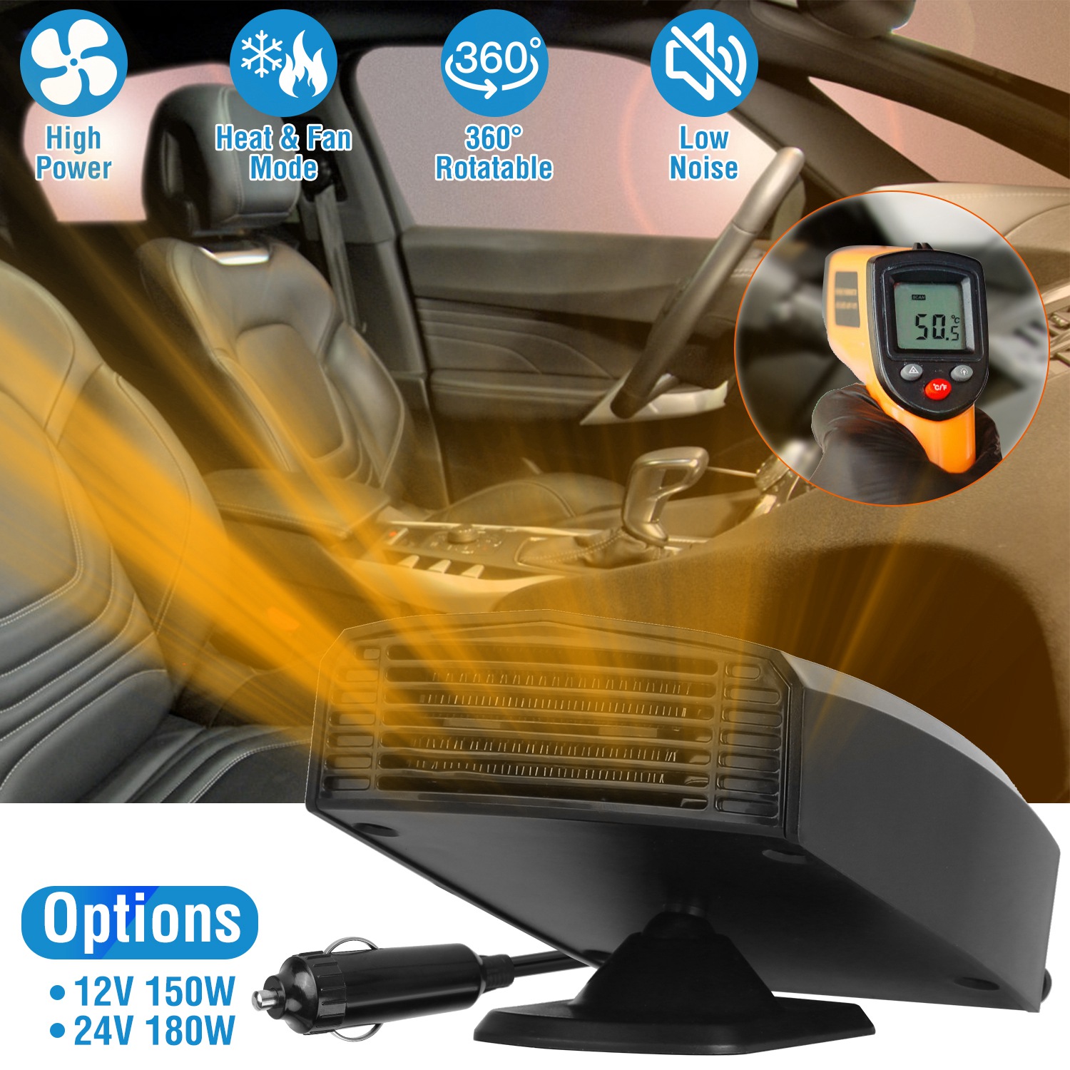 24V 180W Portable Car Heater Heating Fan 2 in 1 Defroster Defogger Demister Windshield Heater Automotive Cooling Fan with 360°Rotating Base thumbnail 3