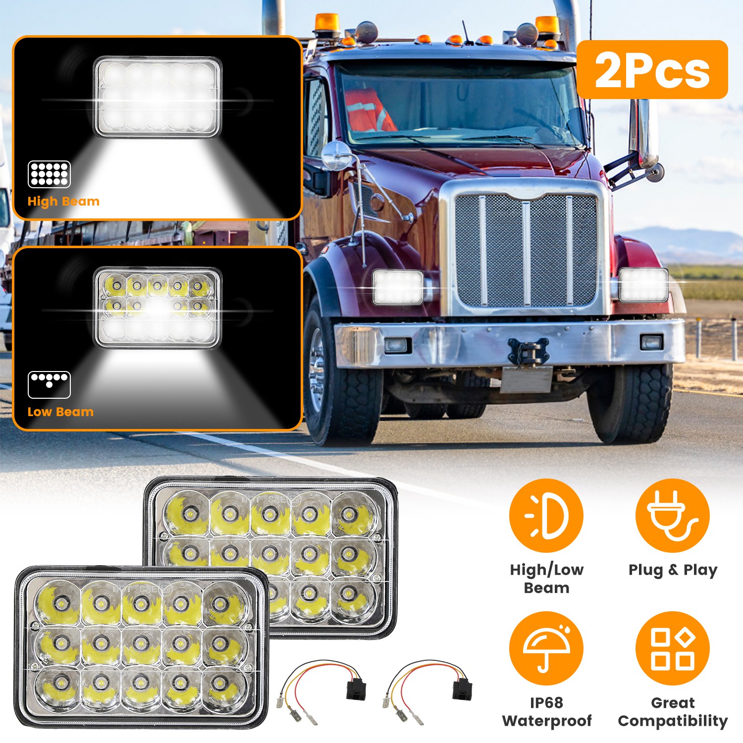 4x6in Car LED Headlights Vehicle Rectangular Headlamp with H4 Socket H4-to-3Pins Adapter with High Low Beam White Light IP68 Waterproof for 10-80V SUV thumbnail 3