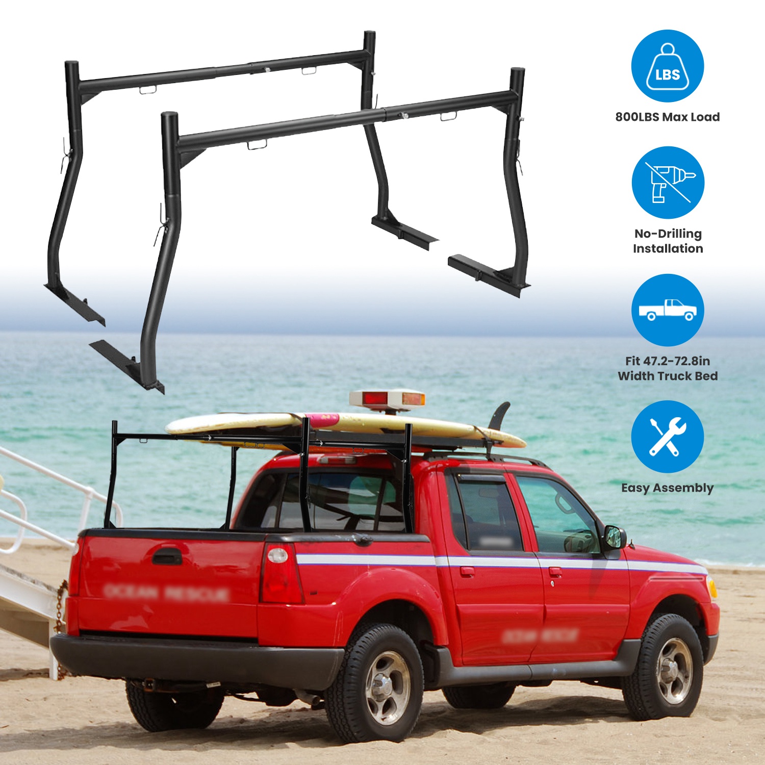 1Pair Extendable Truck Ladder Rack Non-Drilling Pick-up Truck Bed Utility Rack Adjustable Steel Truck Rack with 800LBS Capacity for 47.2-72.8in Wide T thumbnail 3