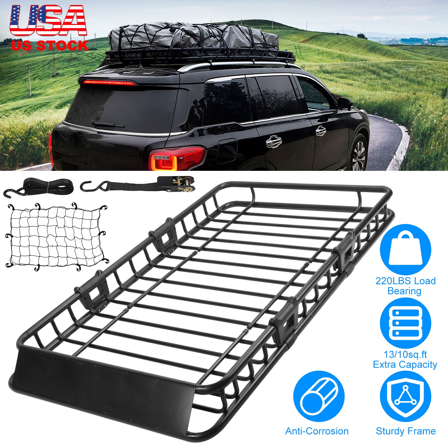63x39x6.3in Universal Roof Rack Cargo Carrier Car Top Luggage Holder Basket with Hook Strap Elastic Net thumbnail 3