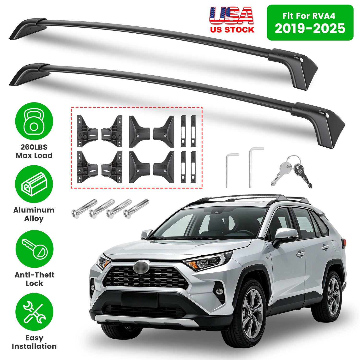Roof Rack Cross Bars for Fit Toyota RAV4 2019-2025 Aluminum Roof Rails Cargo Crossbars for Flush Side Rails Heavy Duty Rooftop Carrier Anti-Theft Lock thumbnail 3