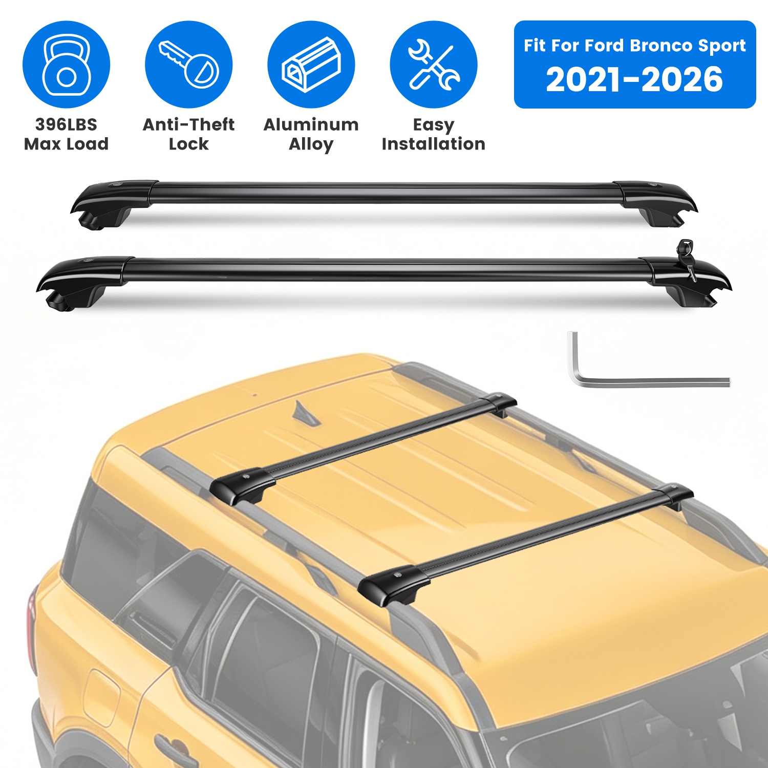 Roof Rack Cross Bars Fit for Ford Bronco Sport 2021-2026 On-Road Off-Road Aluminum Lockable Car Roof Crossbar Set for Factory Raised Side Rails 396LBS thumbnail 3