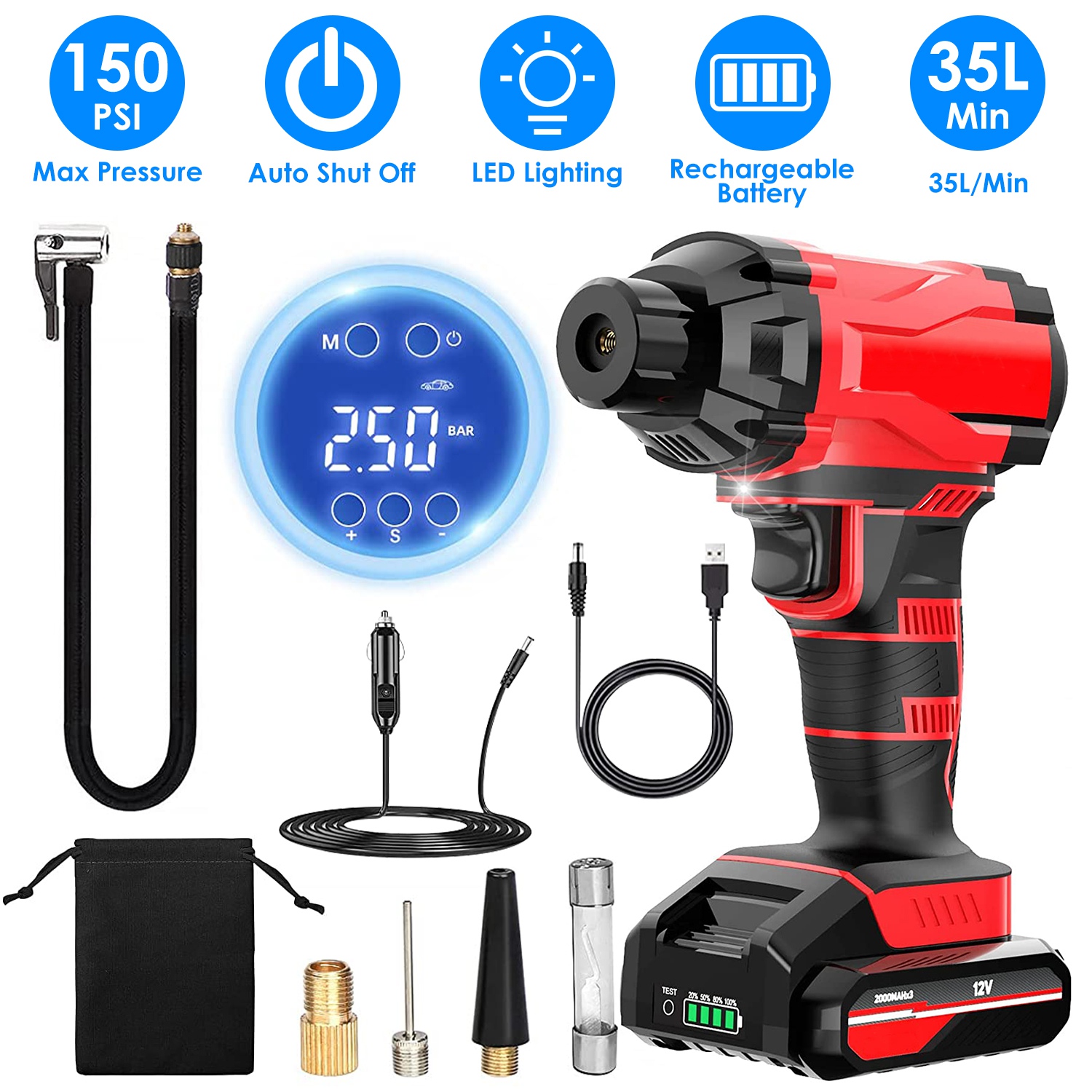 150PSI Cordless Car Tire Pump Rechargeable Tire Inflator 12V Portable Electric Air Compressor with LED Light for Car Bike Motorcycle Ball thumbnail 3