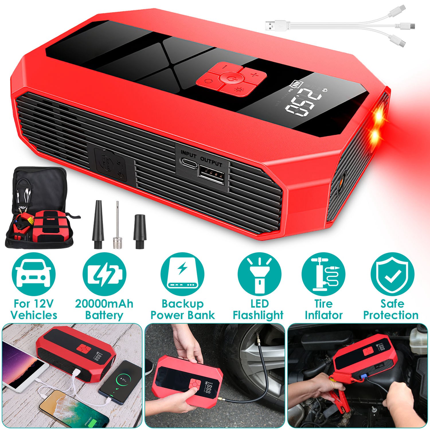 Portable Car Jump Starter Air Compressor 1500A 400PSI Car Battery Charger Jump Starter Power Bank LED Flashlight Digital Tire Inflator for 4.0L Gasoli thumbnail 3
