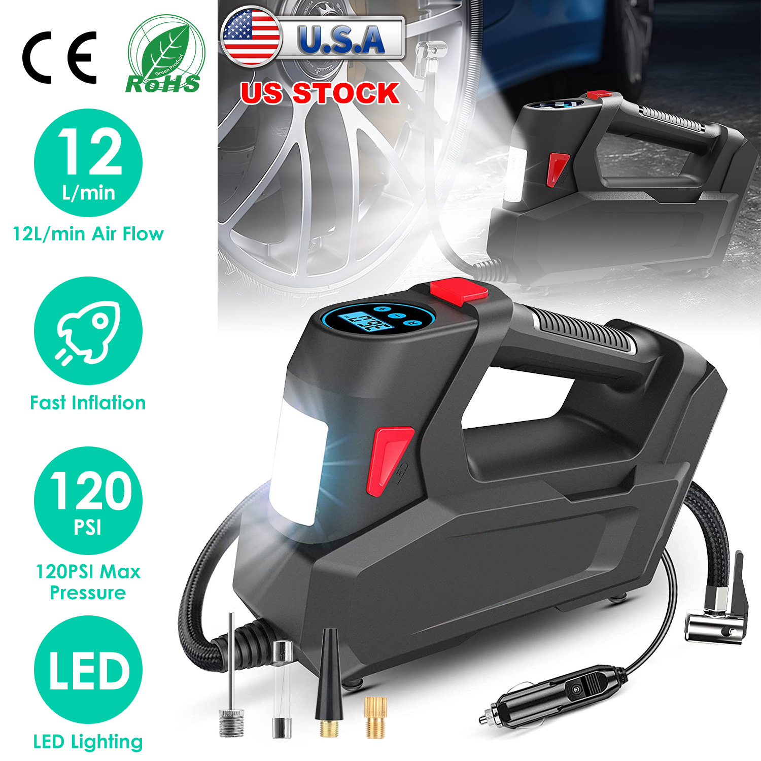 Portable Tire Inflator 120 PSI Maximum 90W Powered Tire Pump with Digital Display LED Light Inflatable Nozzle Needle Fuse Air Compressor for Bikes Mot thumbnail 3