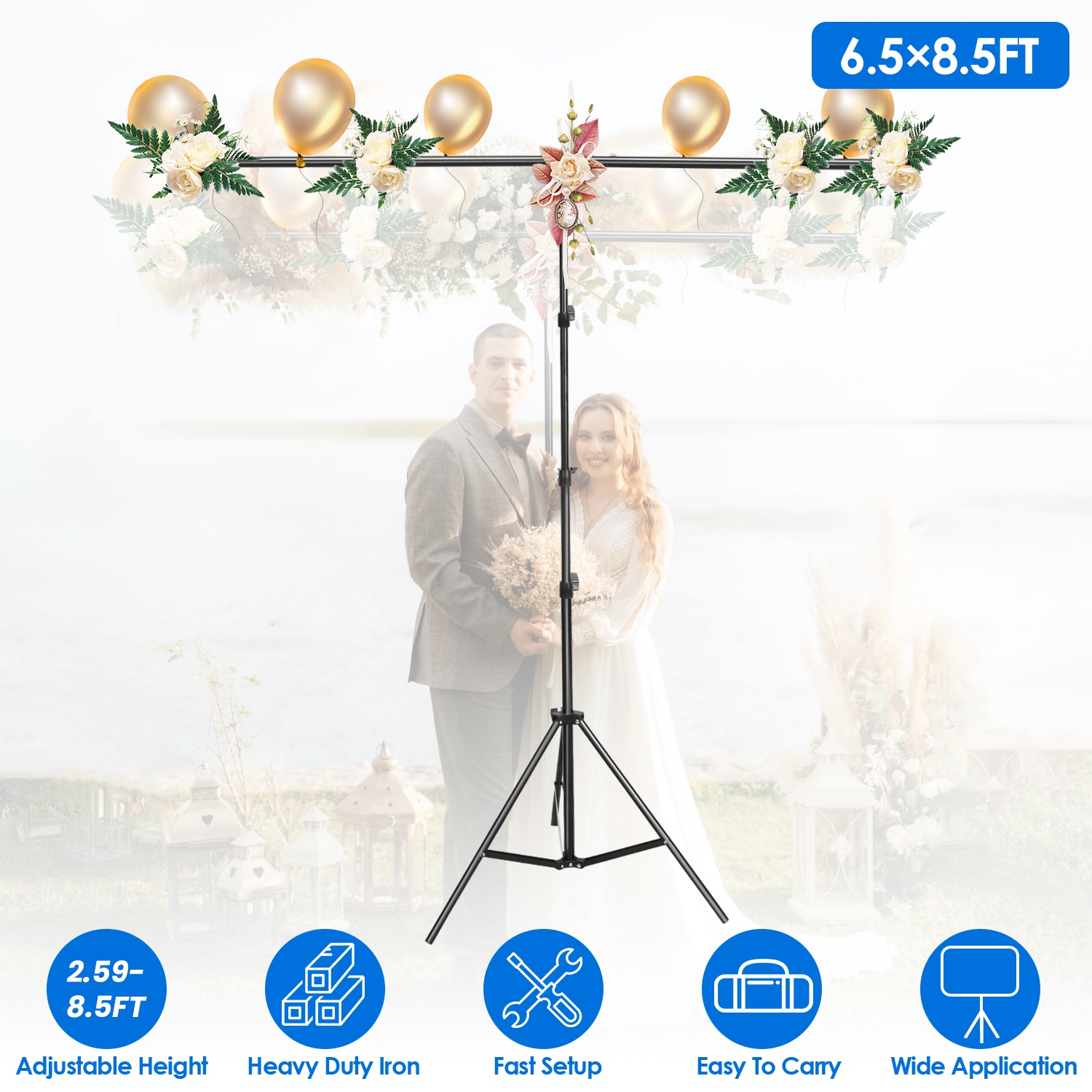 6.5×8.5FT T-Shape Photo Video Backdrop Stand Heavy Duty Background Stand Adjustable Photography Backdrop Stand with 6 Spring Clamps Sandbag Carry Bag thumbnail 3