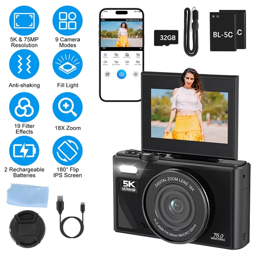 5K 75MP Digital Camera for Photography Anti-Shake WiFi Vlogging Video Camera with 9 Shooting Modes 18X Zoom Fill Light Webcam Function 2 Batteries 32G thumbnail 3