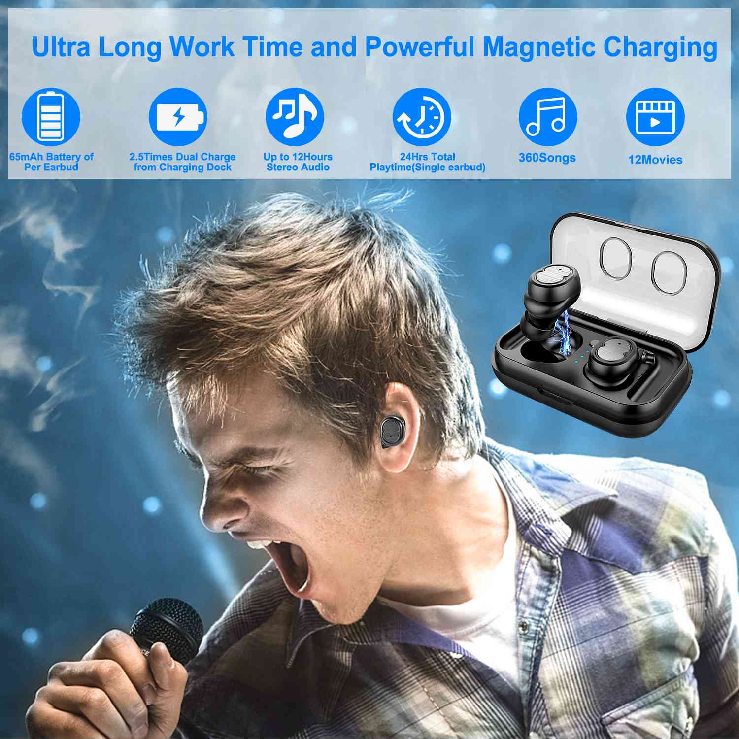 TWS Wireless 5.0 Earbuds IPX4 Touch In-Ear Stereo Earphone Noise Canceling Earpieces 32.8 ft Transmission Range w/Mic 500mAh Magnetic Charging Dock thumbnail 3
