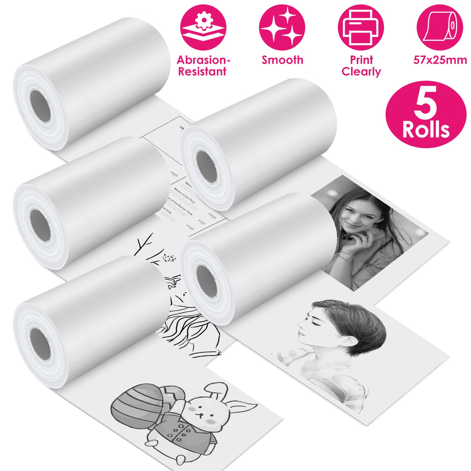 5 Rolls Regular Printer Paper Plate Mini Thermal Printing Paper White Mini Printer Photo Paper Fit for Wireless Thermal Mini Printer 57x25mm thumbnail 3
