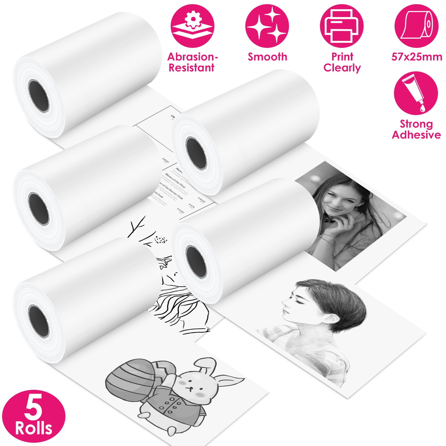 5 Rolls Self Adhesive Printer Paper Thermal Mini Printer Paper White Mini Printer Photo Paper Fit for Wireless Thermal Mini Printer 57x25mm thumbnail 3