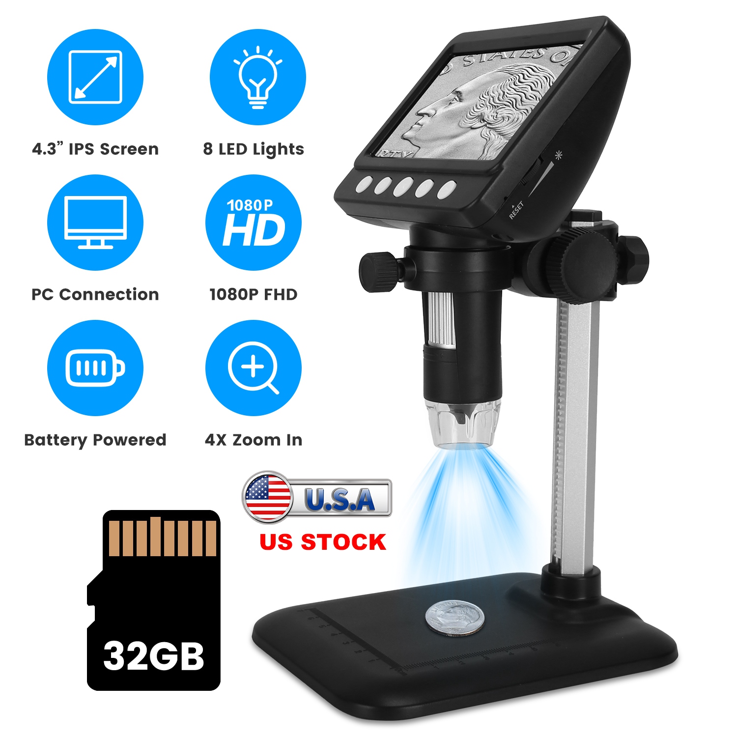 4.3Inch LCD Digital Microscope 1000X 1080P Photo Video Error Coin Magnifier with 8 Dimmable LED Lights PC Views Compatible with MacOS Windows Included thumbnail 3