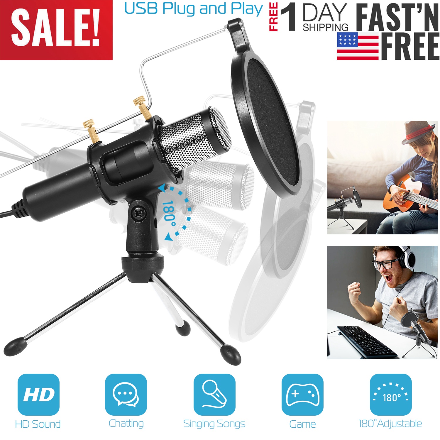 Professional Condenser Microphone Studio Recording Cardioid Microphone w/180° Tripods Pop Filter USB Plug for Podcasting Gaming Chatting thumbnail 3