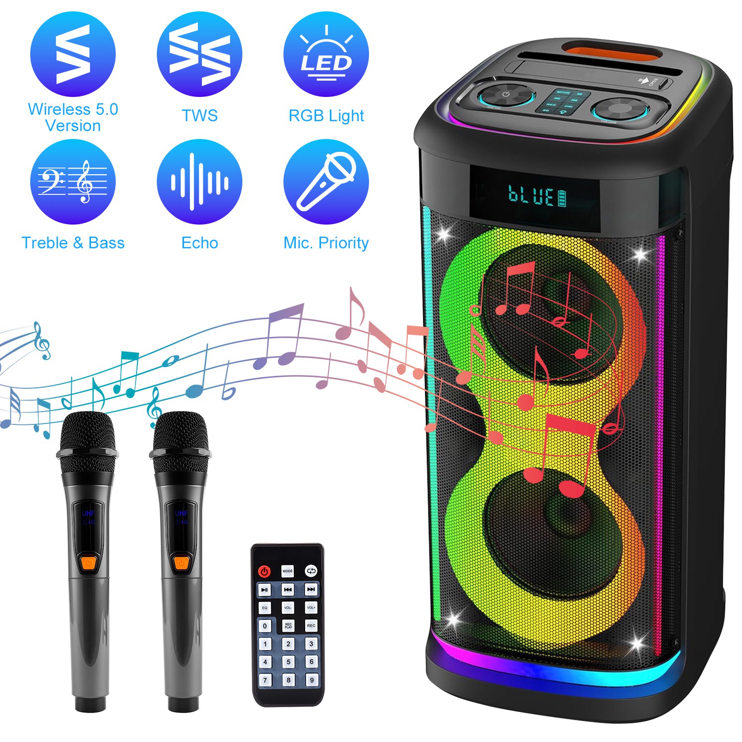 Portable Wireless Party Speaker with LED Light Wireless Mic Remote Control TWS Treble Bass Mic. Echo Music Accompany Mic. Priority Guitar In thumbnail 3