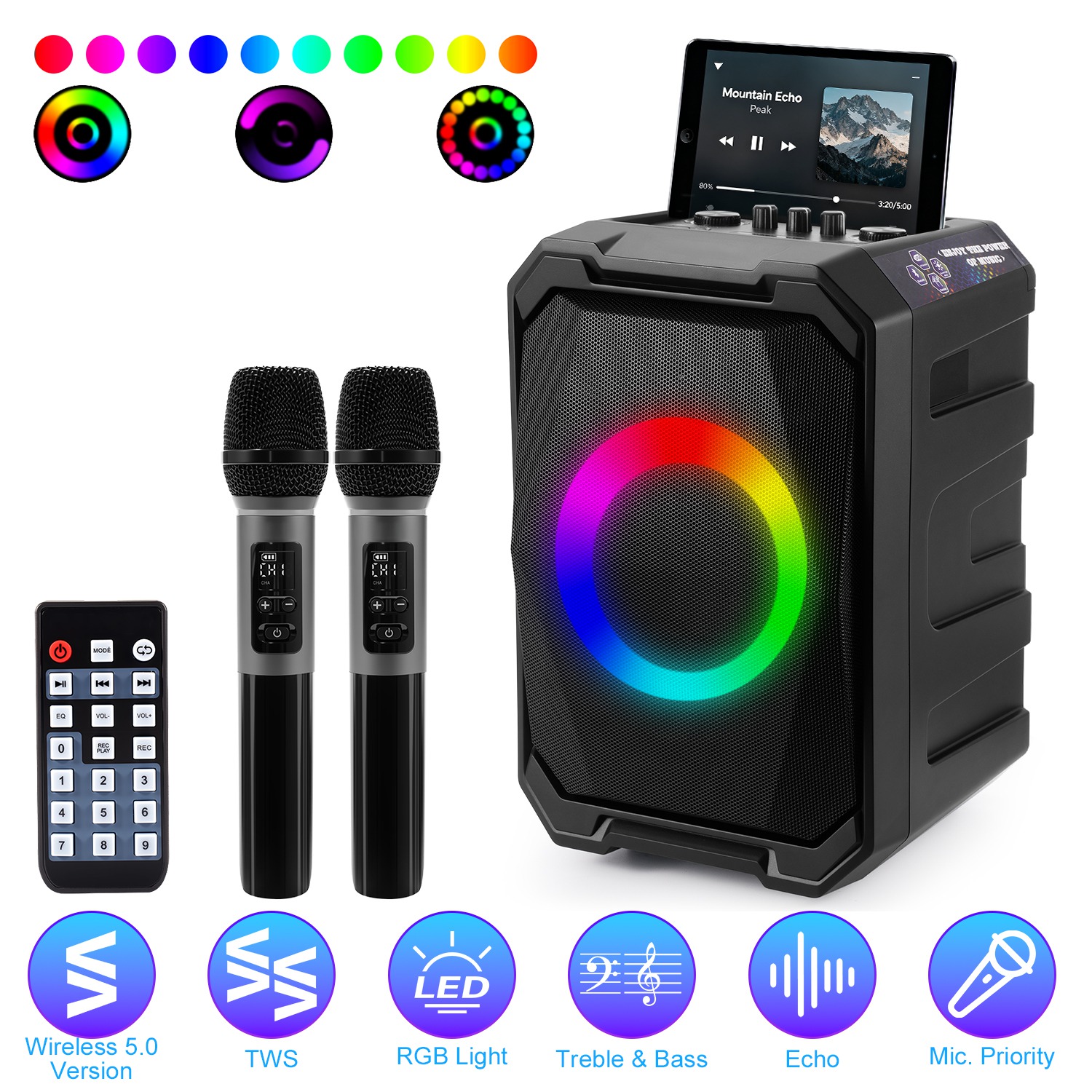 Portable Wireless Party Speaker with LED Light 2 Wireless Mics Remote Control TWS Music Accompany Mic. Priority Bass Echo Mic Treble Guitar In thumbnail 3