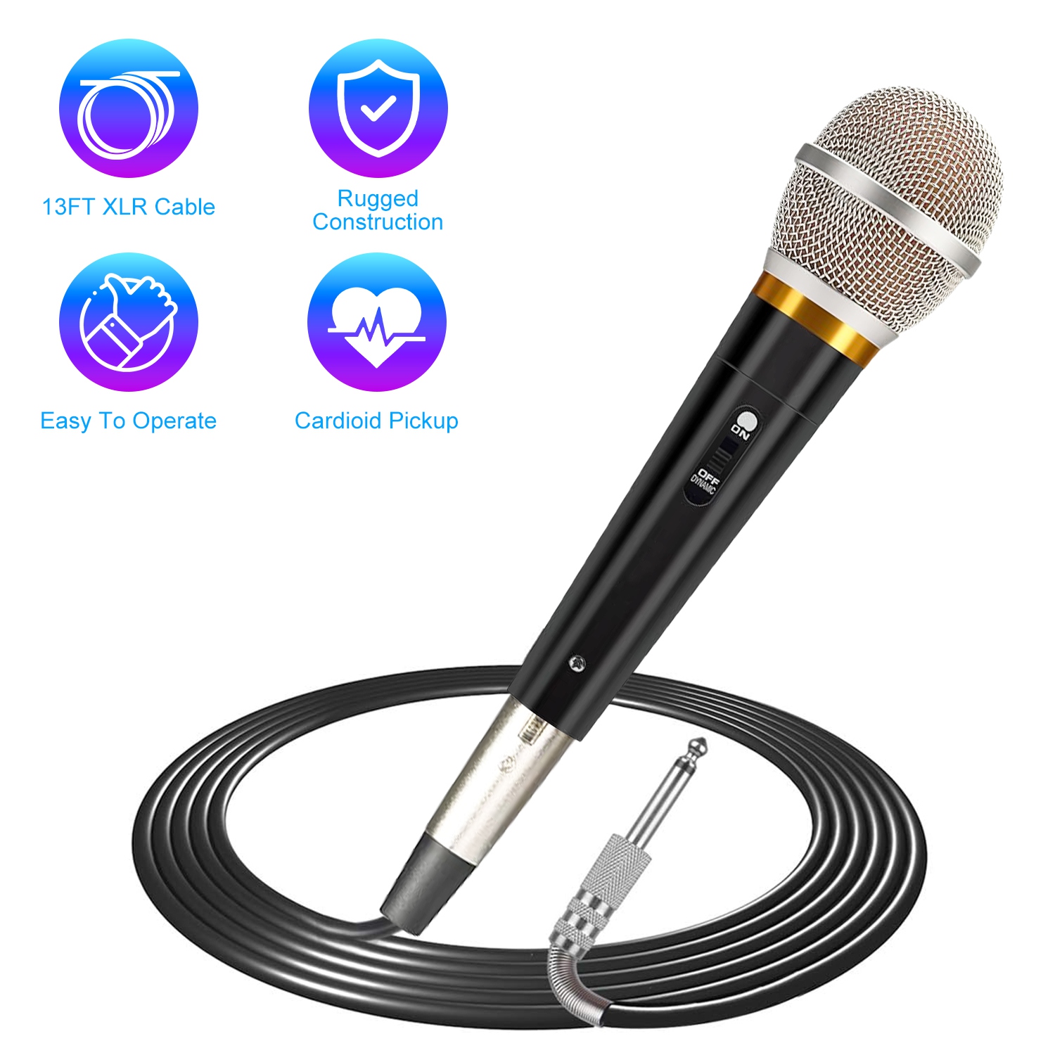 Handheld Dynamic Microphone Wired XLR Microphone with On/Off Switch 13ft Detachable XLR Cable Professional Studio & Live Performance Cardioid Mic for thumbnail 3