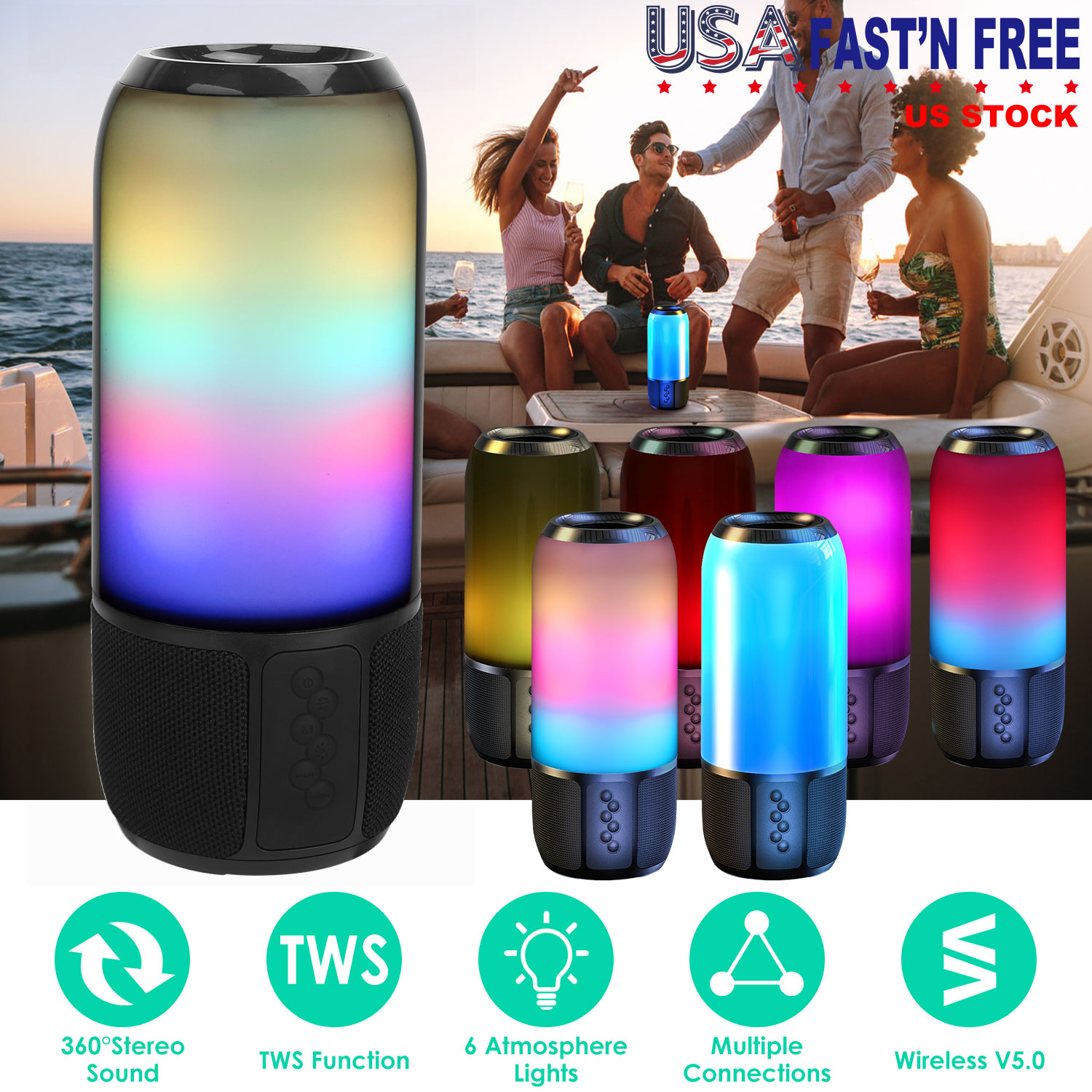 Wireless Portable Speaker Loud Stereo Speaker with 6 Color Changing Lights Radio Party TWS Speaker for Home Outdoor Travelling thumbnail 3