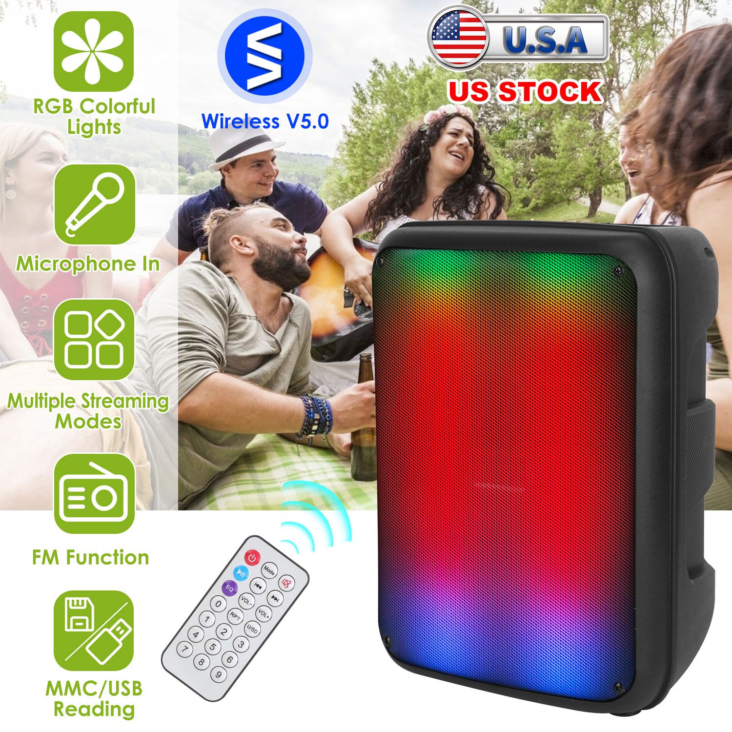 Portable Wireless Party Speaker 8in Colorful Lights DJ PA System with TWS Function FM Radio USB MMC Card Reading Aux In Recording Function Mic thumbnail 3