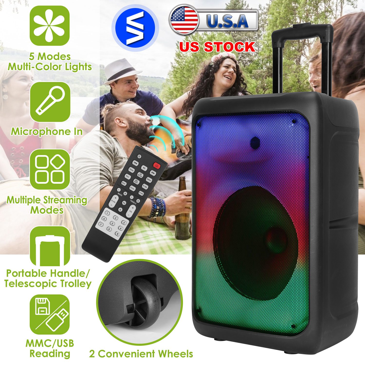 Portable Wireless Party Speaker Party Speaker with with 5 Colorful Lighting Modes TWS FM USB MMC Slot Aux In Recording Mic Priority Trolley Handle 2 W thumbnail 3