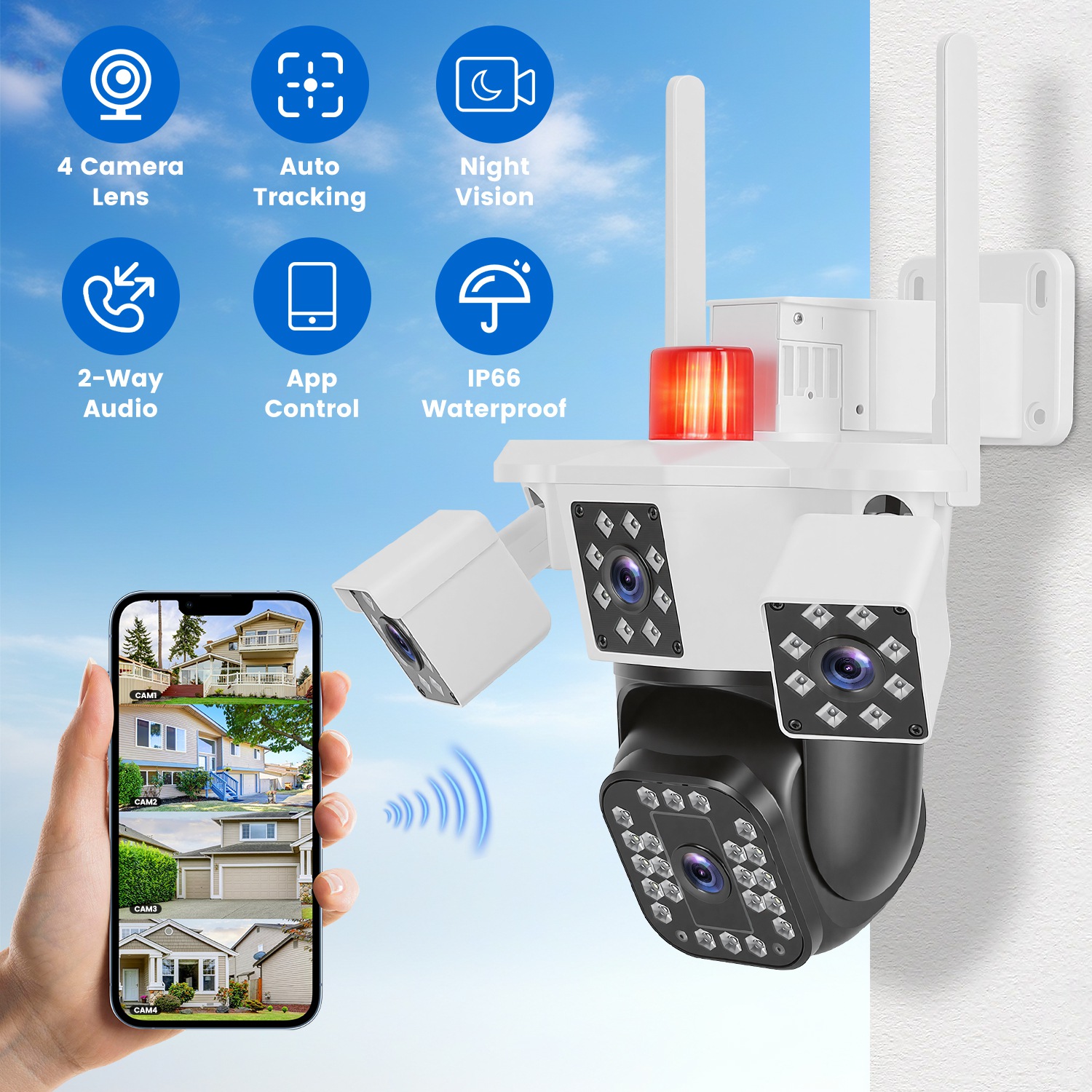 1080P HD 4-Lens Security Camera 360° View WiFi Pan & Tilt Surveillance Camera With Full Color Night Vision Auto Motion Tracking 2-Way Audio Spotlights thumbnail 3
