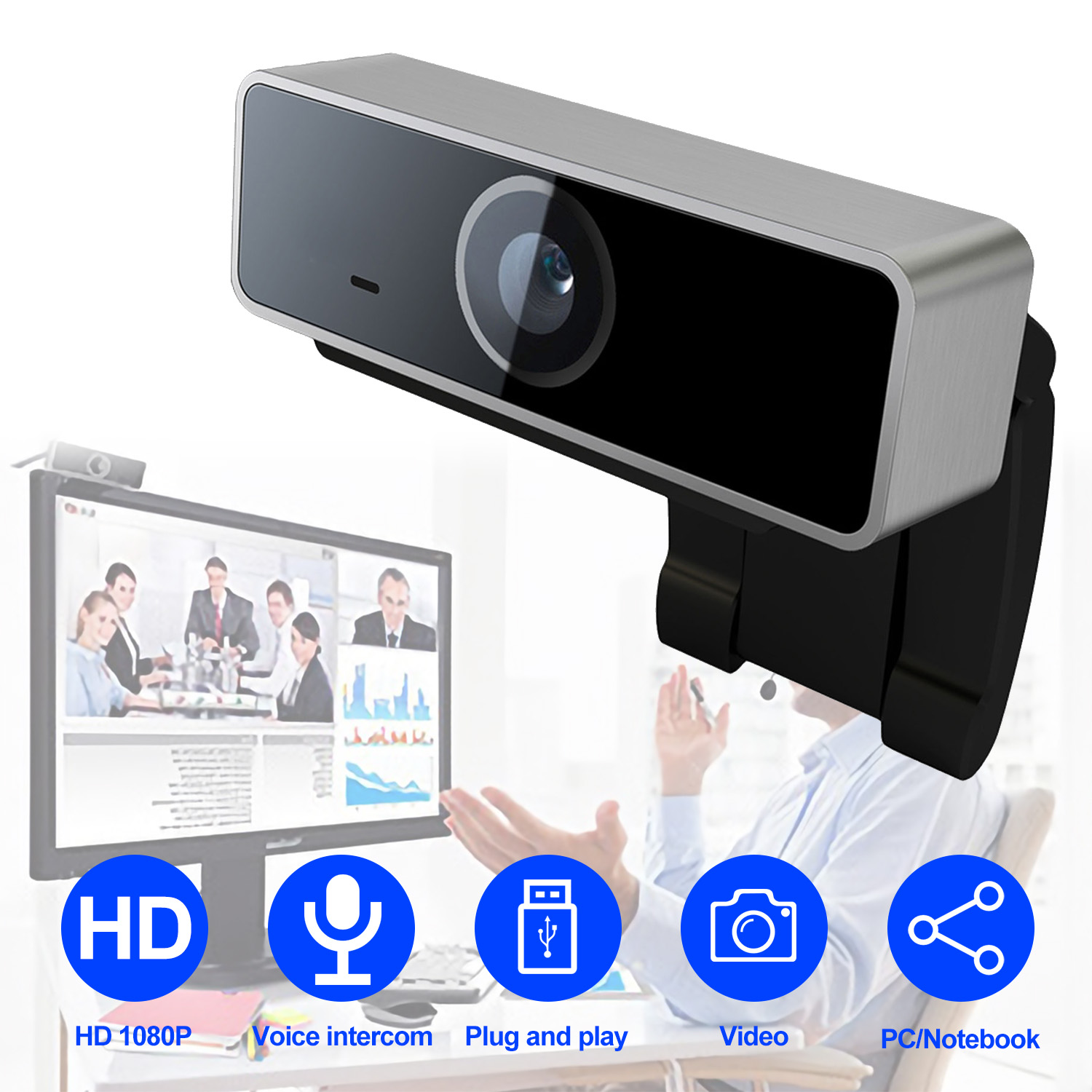 FHD 1080P Webcam USB PC Computer Webcam Auto Focus with Microphone 60-Degree Widescreen Desktop Laptop Webcam Live Streaming Webcam with Rotatable Cli thumbnail 3