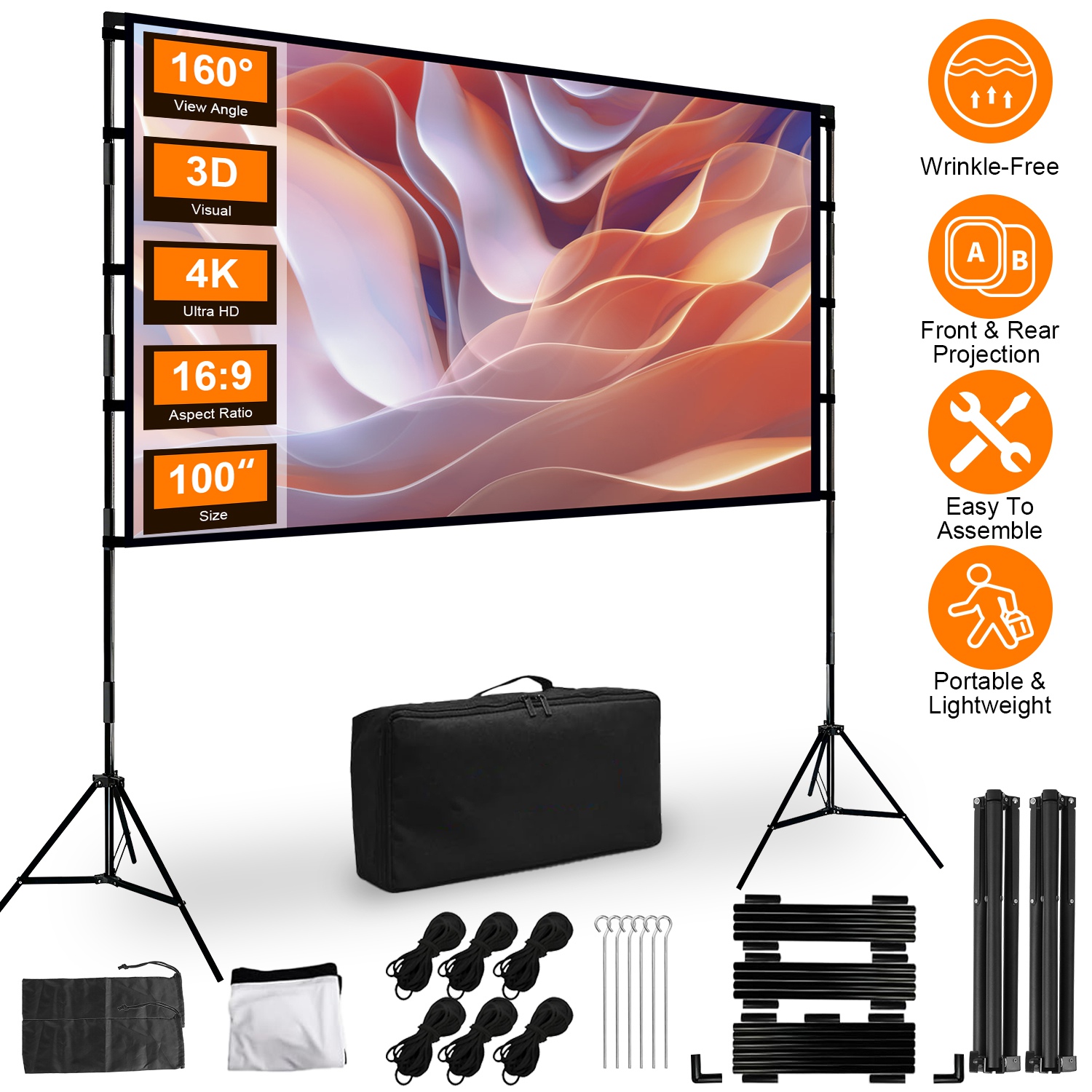 100inch Projector Screen with Stand 16:9 4K HD Rear Front Wrinkle-Free Portable And Foldable Movie Screen with Carry Bag For Indoor Outdoor Home Theat thumbnail 3