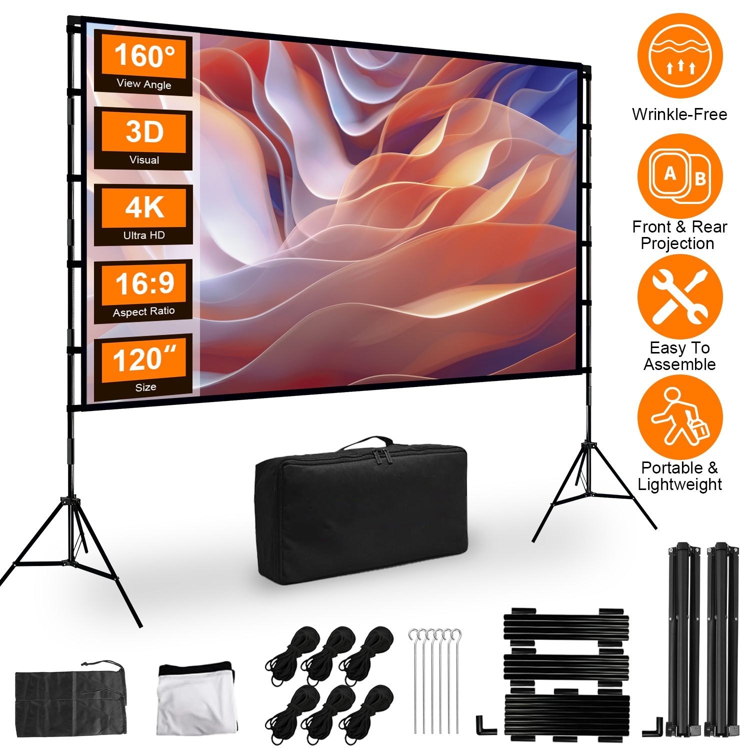 120inch Projector Screen with Stand 16:9 4K HD Rear Front Wrinkle-Free Portable And Foldable Movie Screen with Carry Bag For Indoor Outdoor Home Theat thumbnail 3